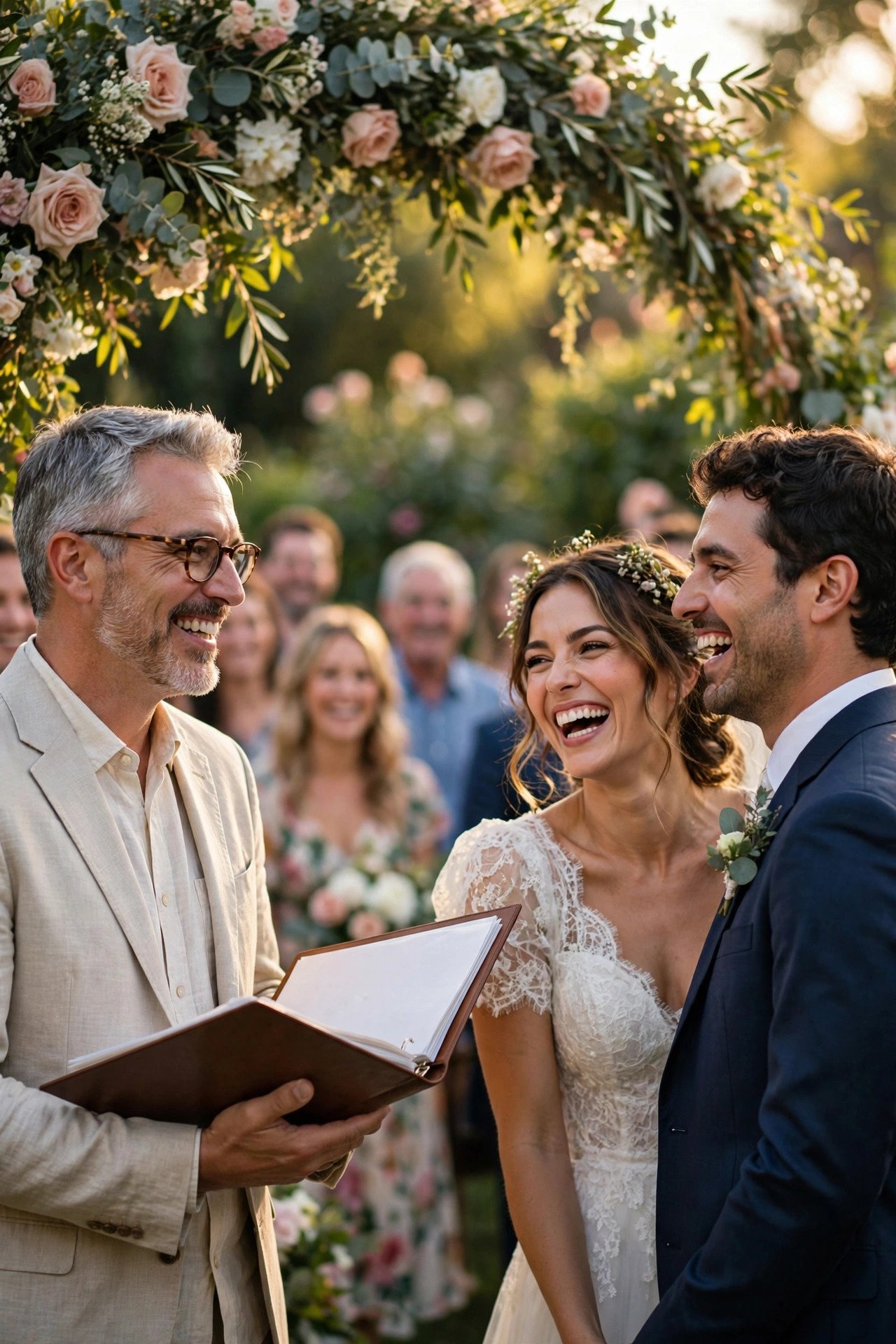 Joyful outdoor wedding ceremony with laughing couple and officiant holding a script