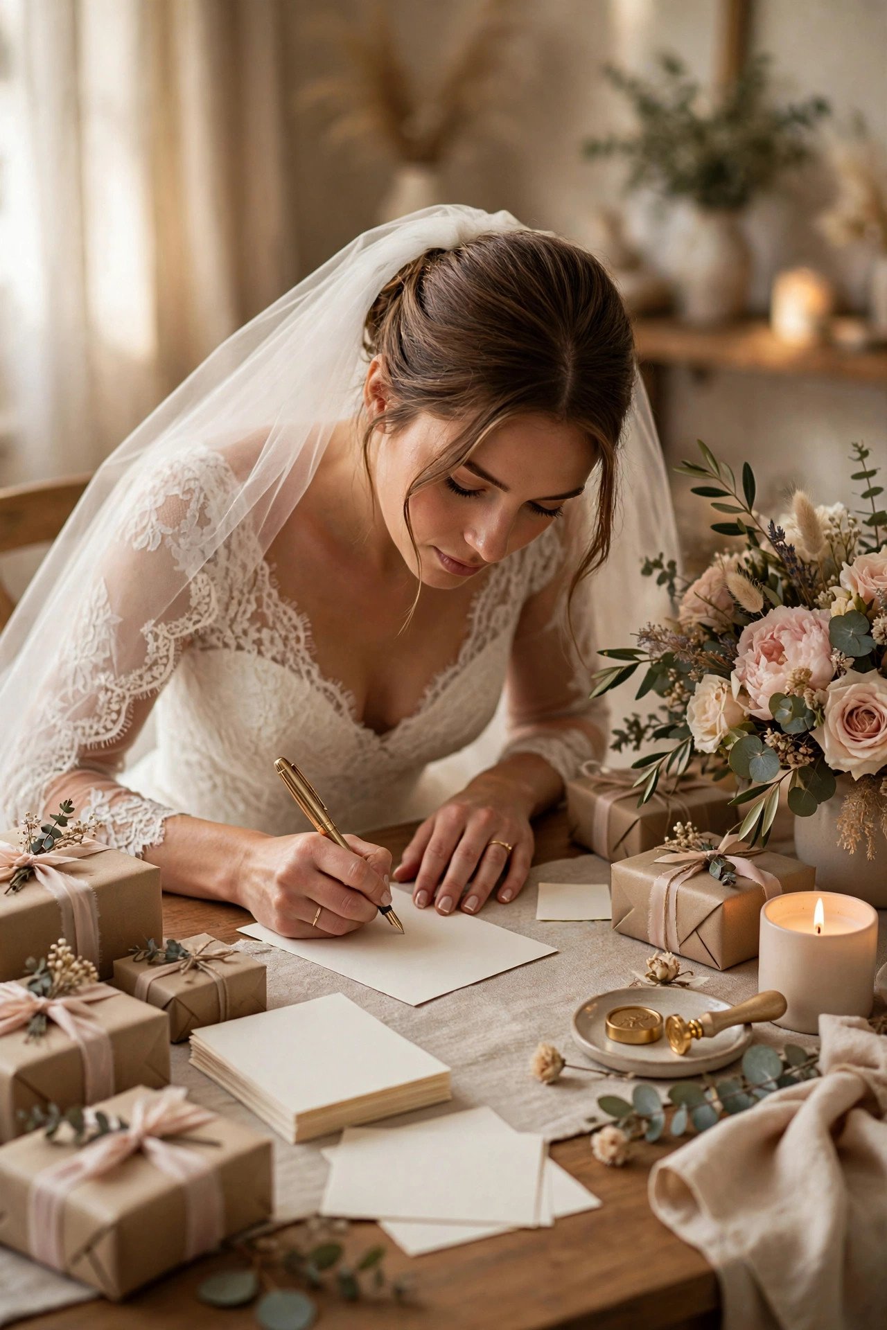 Bride writing thank-you notes at an elegant desk with wedding gifts nearby
