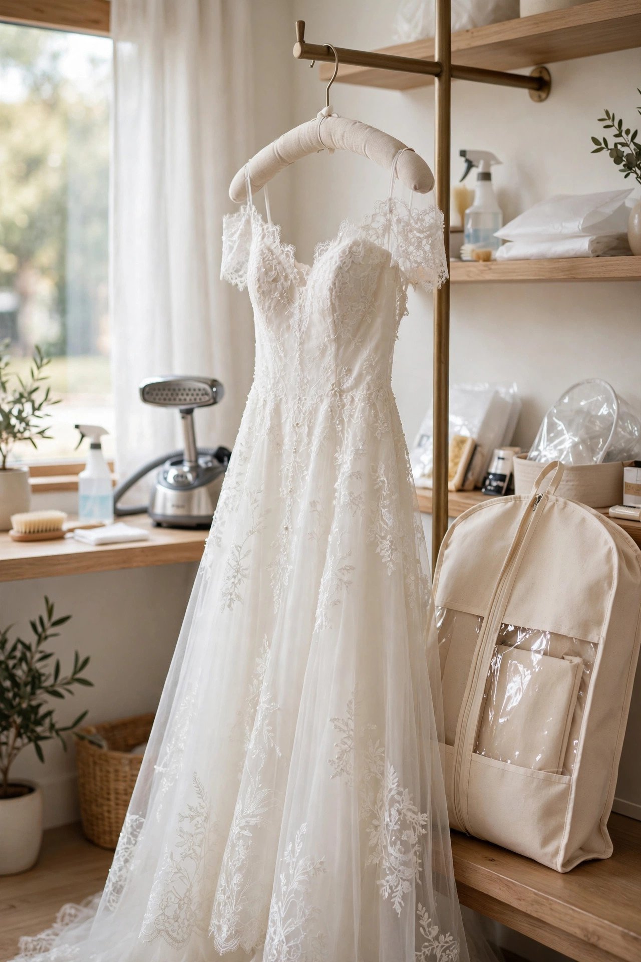 White wedding dress hanging for professional cleaning and preservation
