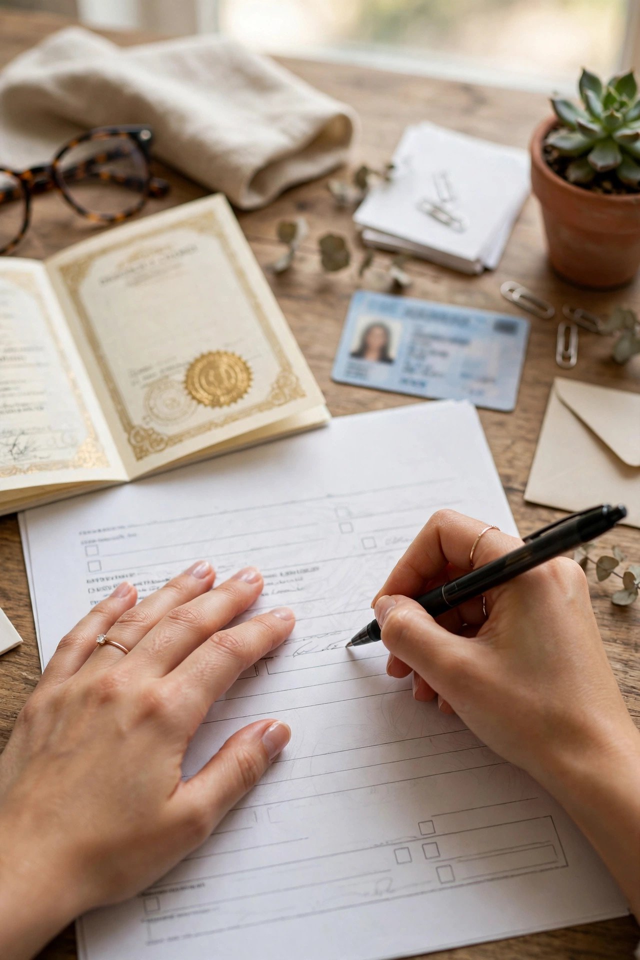 Woman signing name-change paperwork with marriage certificate on the desk