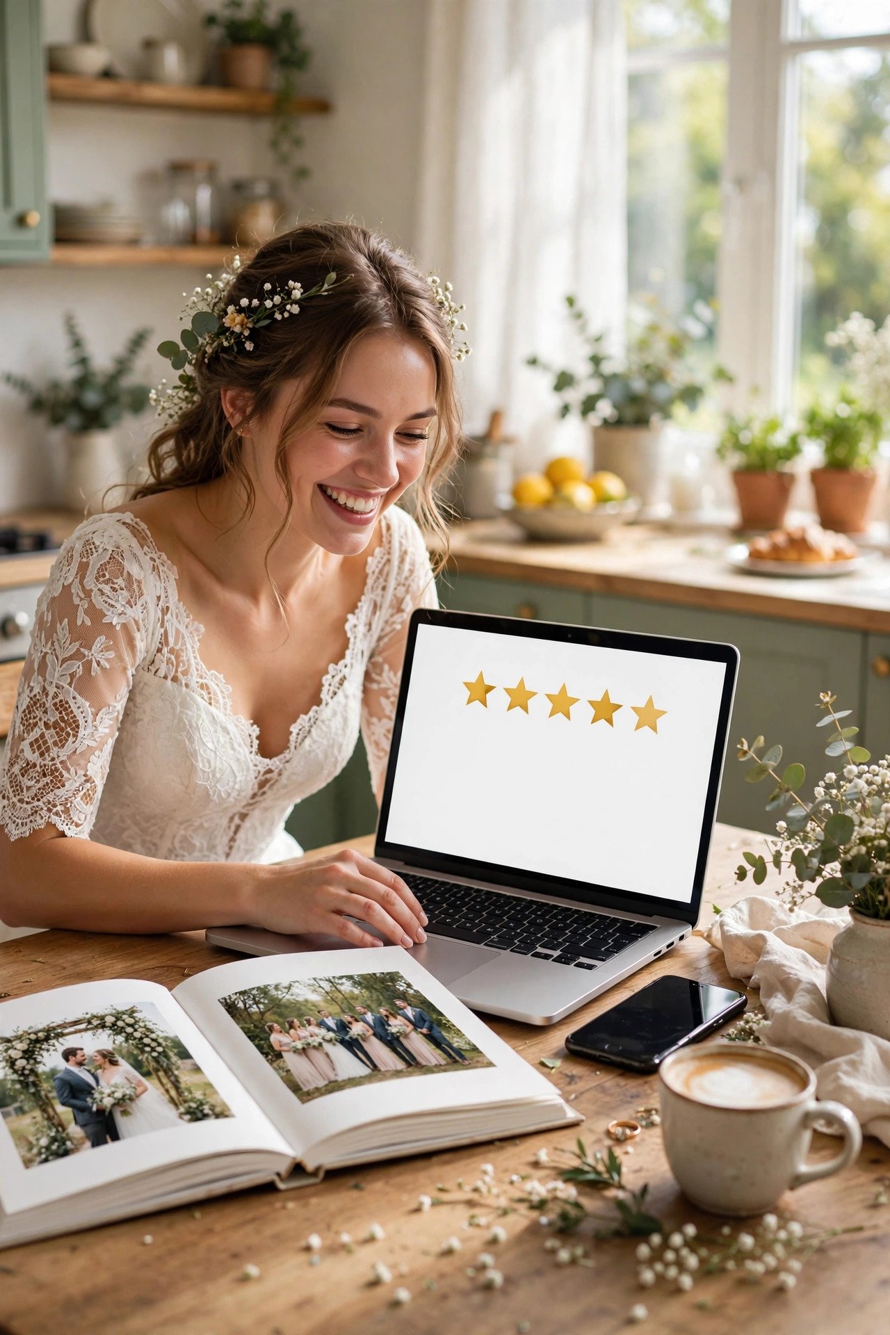 Bride leaving a five-star vendor review on a laptop at a sunny kitchen table