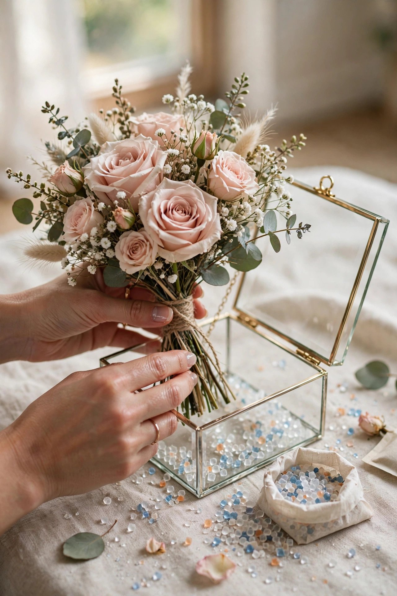 Hands placing a blush rose bridal bouquet into a glass keepsake preservation box