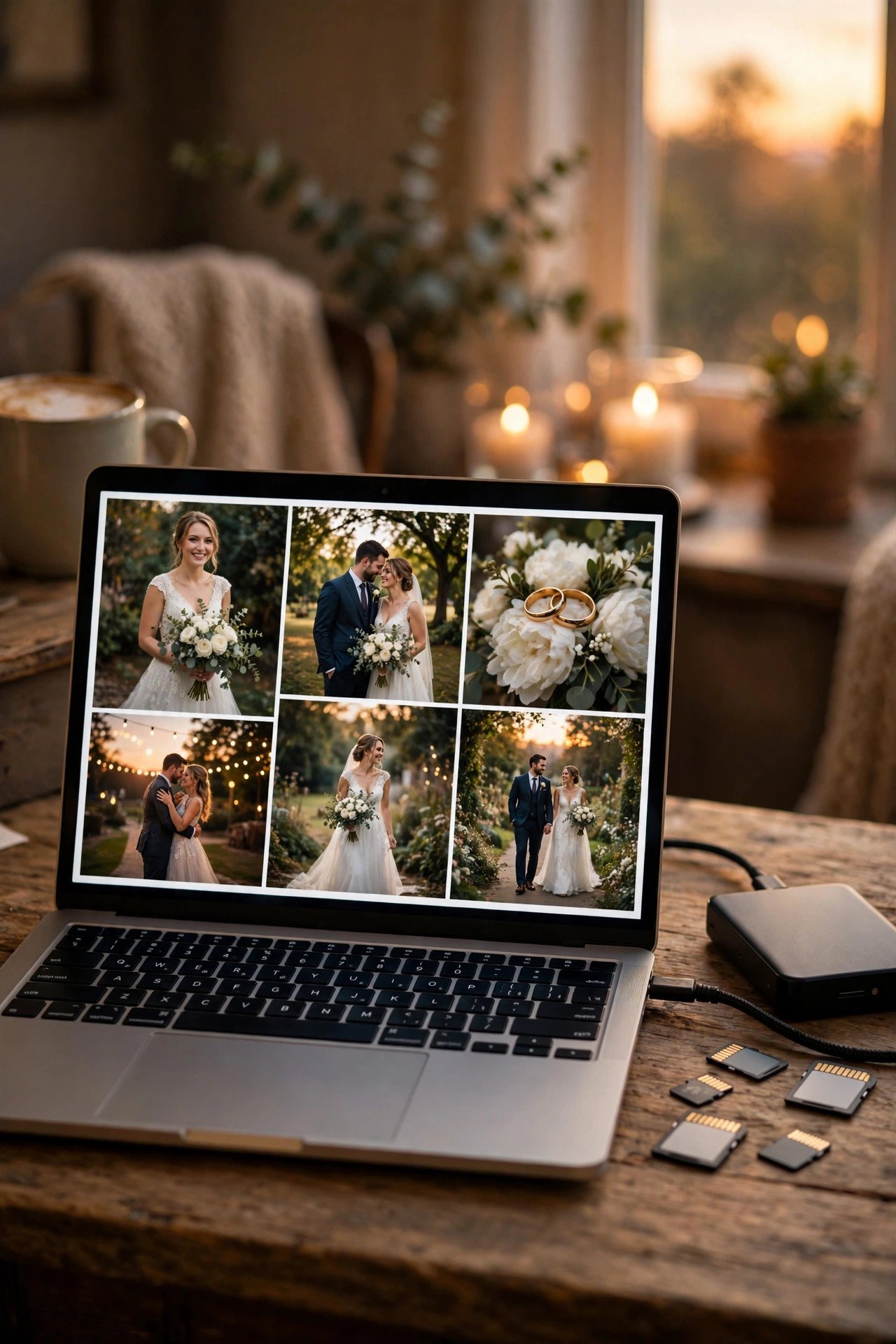 Laptop showing a wedding photo gallery with external hard drive and memory cards