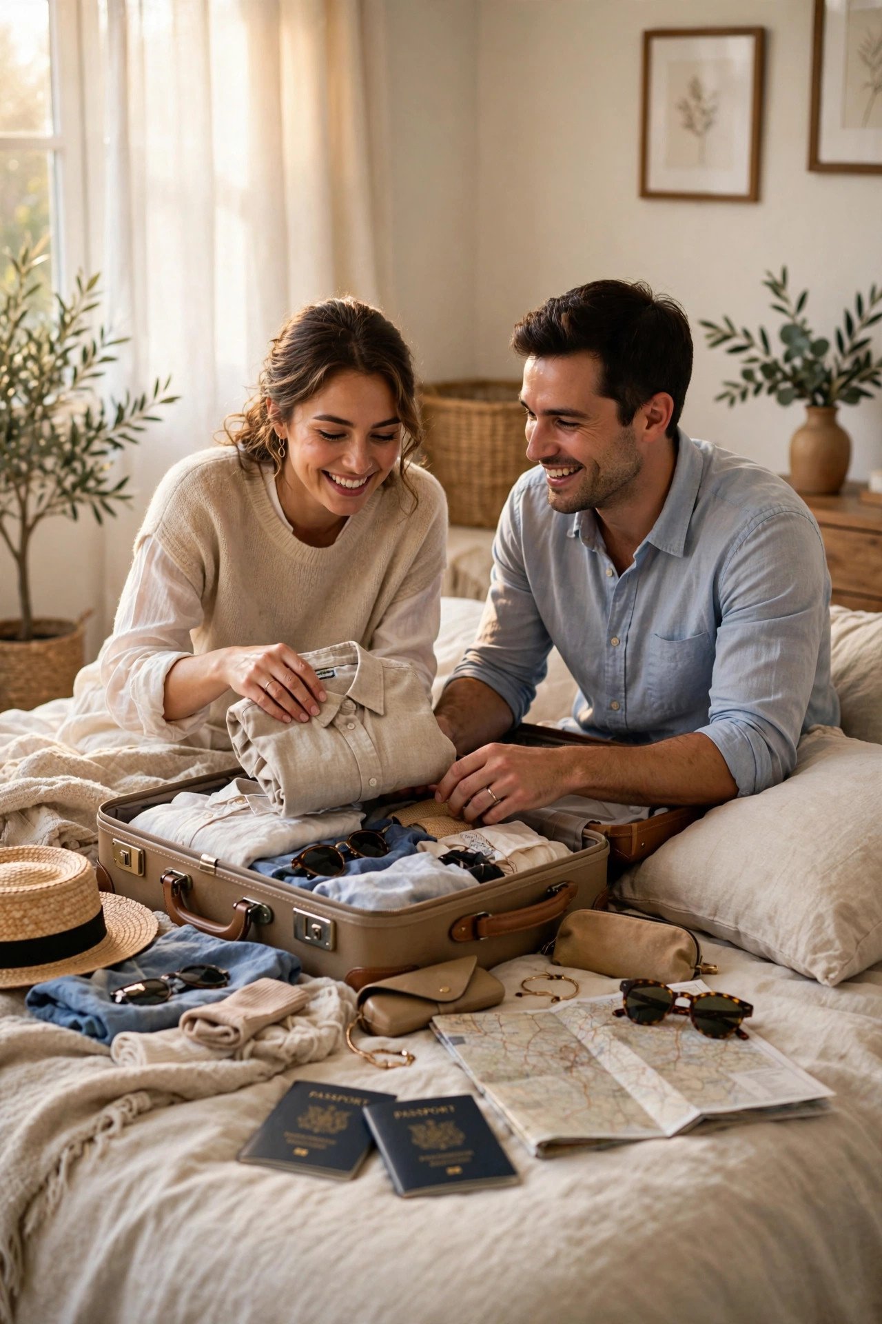 Newlywed couple packing a suitcase with passports and a map for their honeymoon