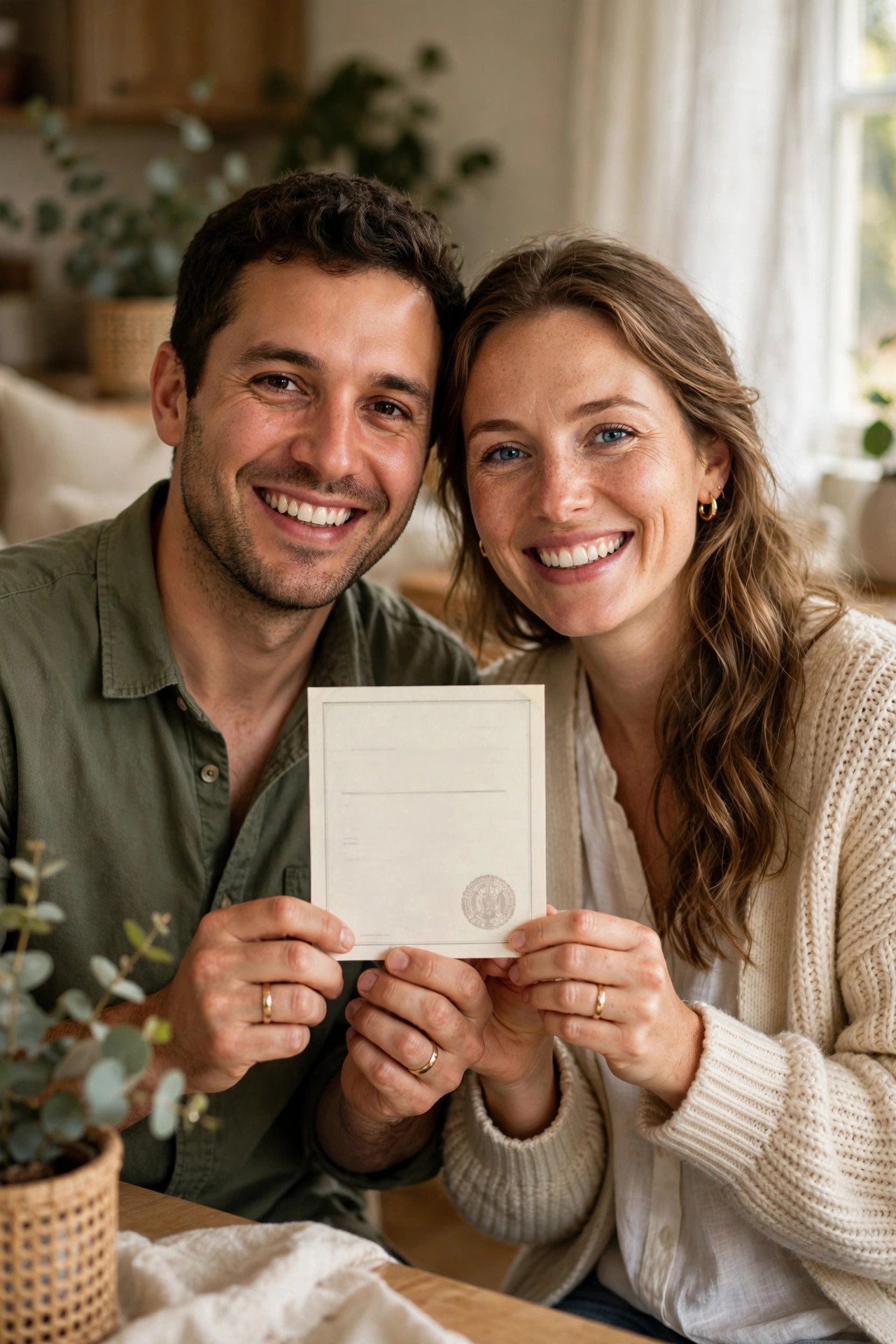 Smiling couple holding their official marriage certificate together at home