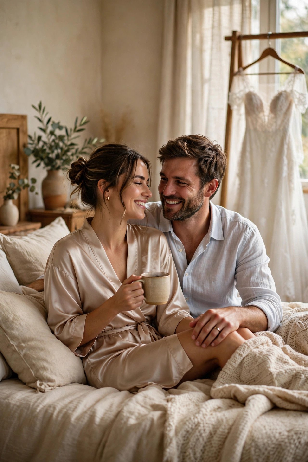 Blissful newlywed couple relaxing together the morning after their wedding