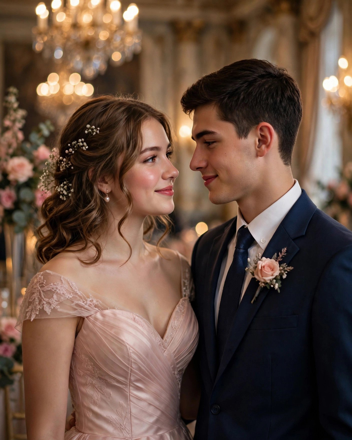 Prom couple gazing into each other's eyes in a ballroom