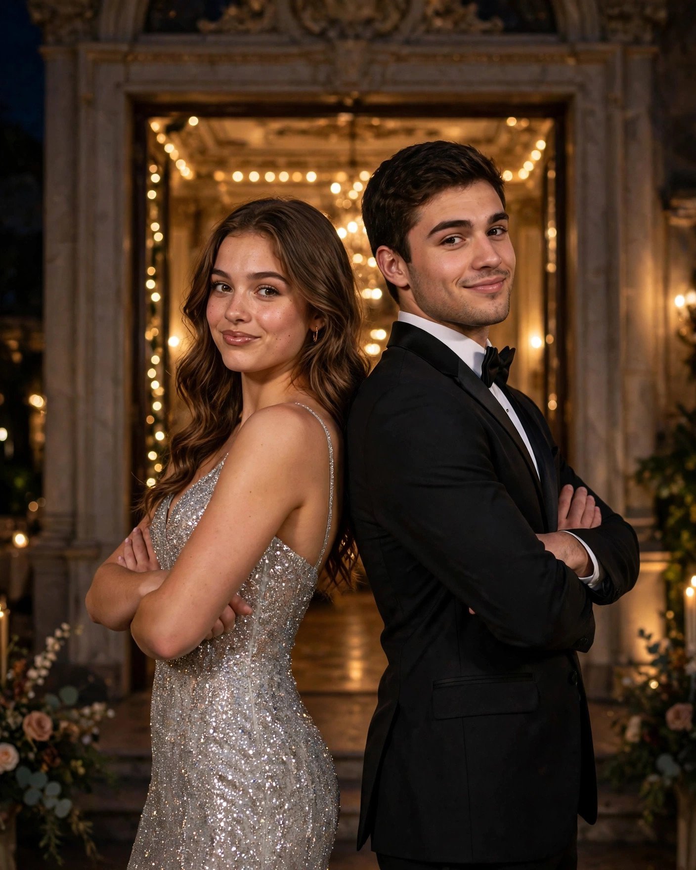 Prom couple posing back to back with confident expressions