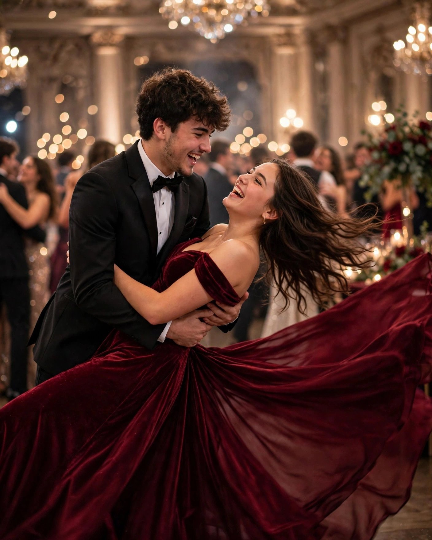 Prom date dipping his partner dramatically on the dance floor