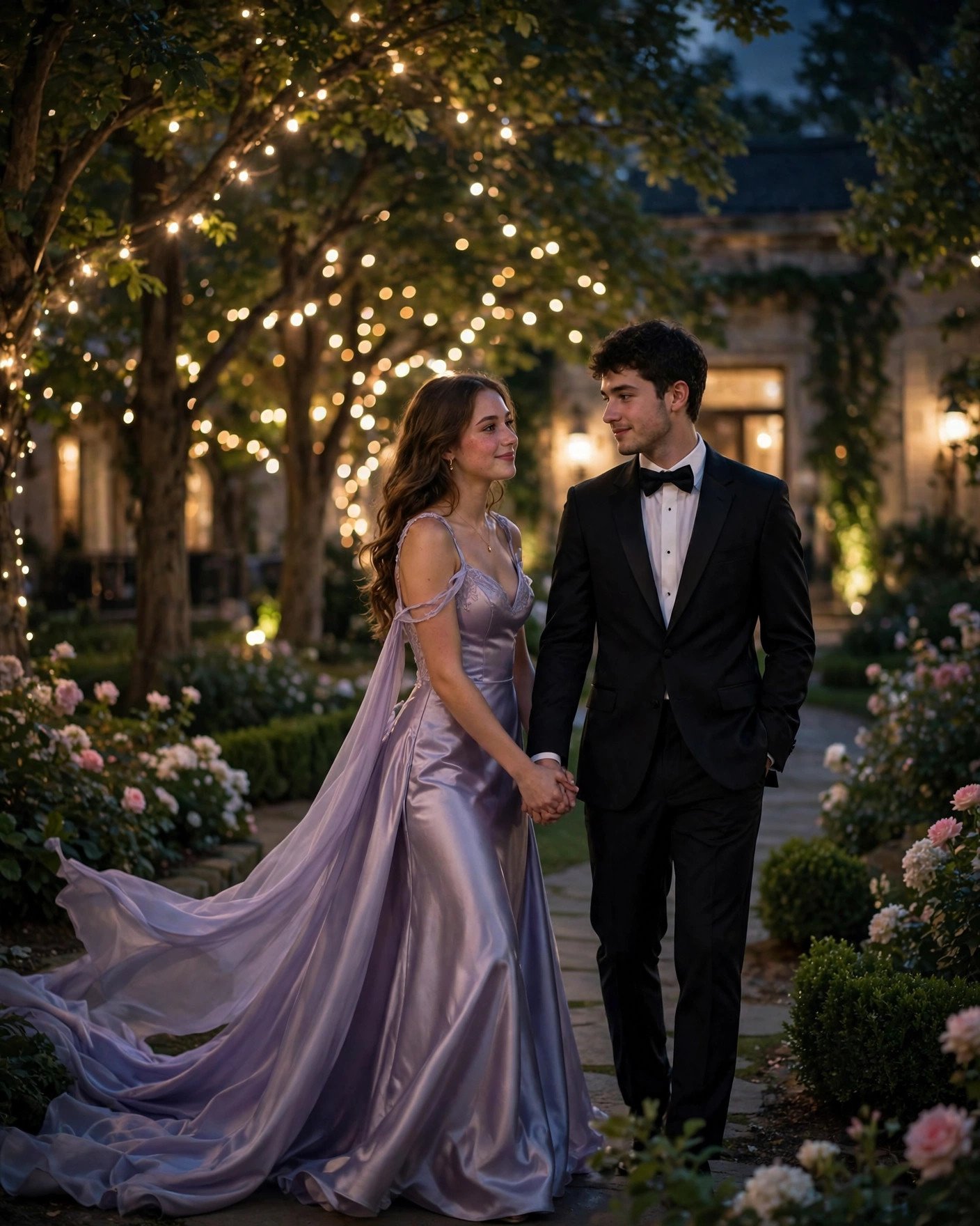Prom couple walking hand in hand along a moonlit garden path