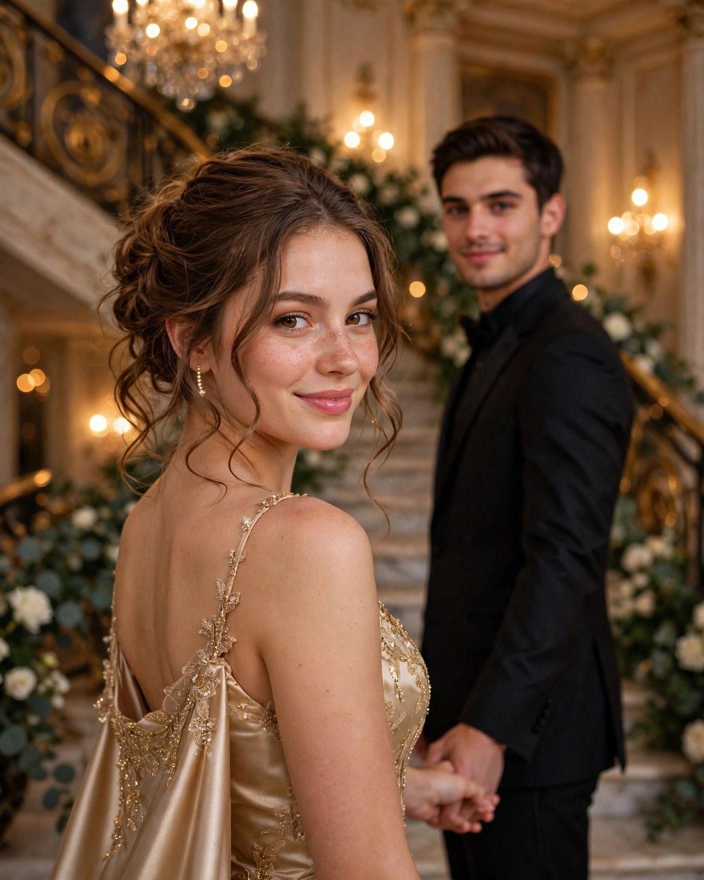 Girl in prom gown looking back over her shoulder at the camera