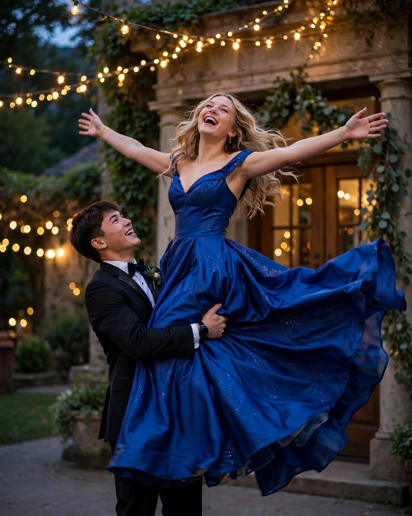 Prom date lifting his partner playfully into the air