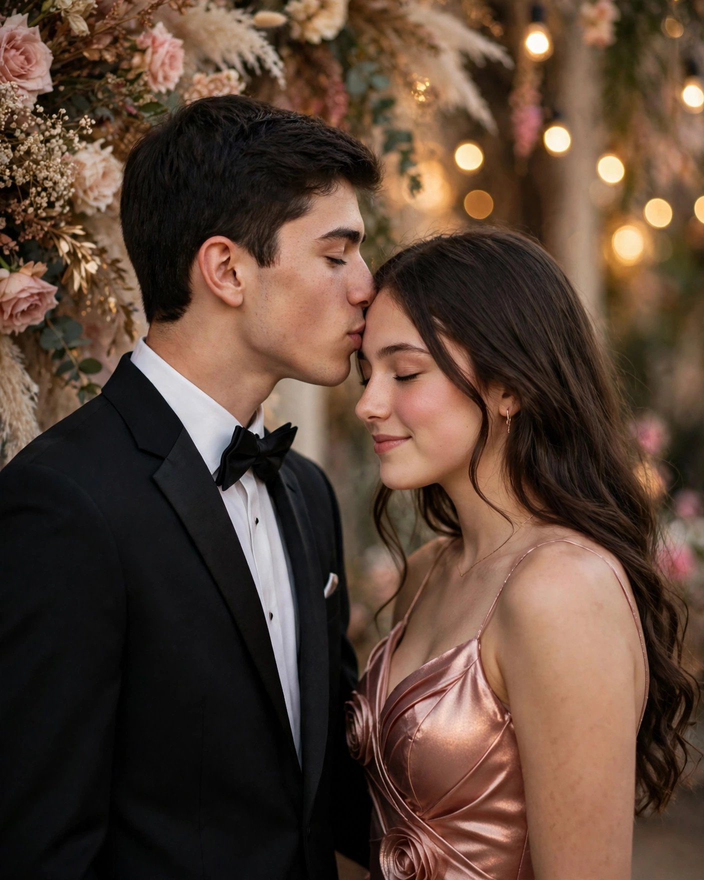 Tender forehead kiss at prom in front of a flower wall