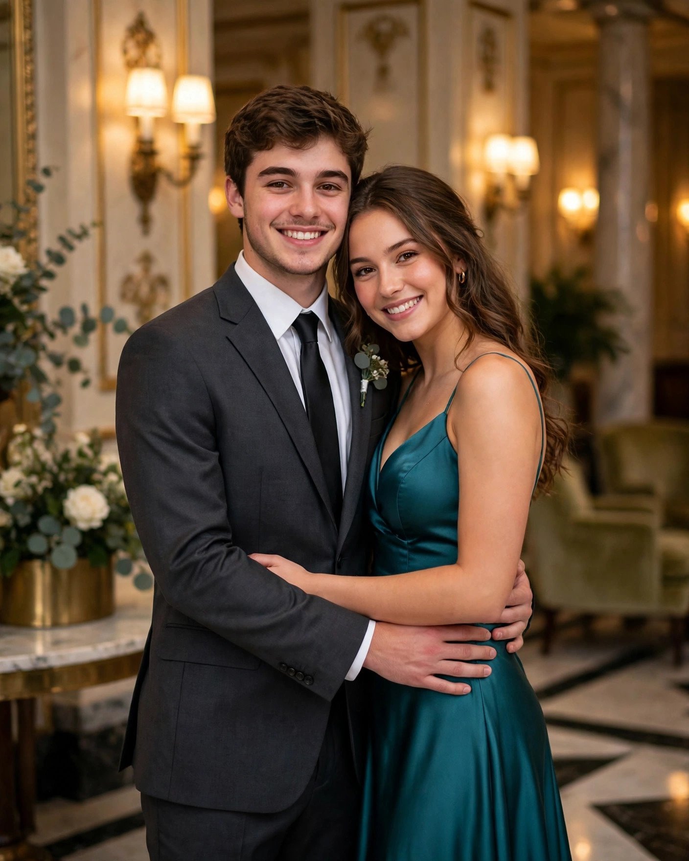 Prom couple with arm around waist smiling at the camera