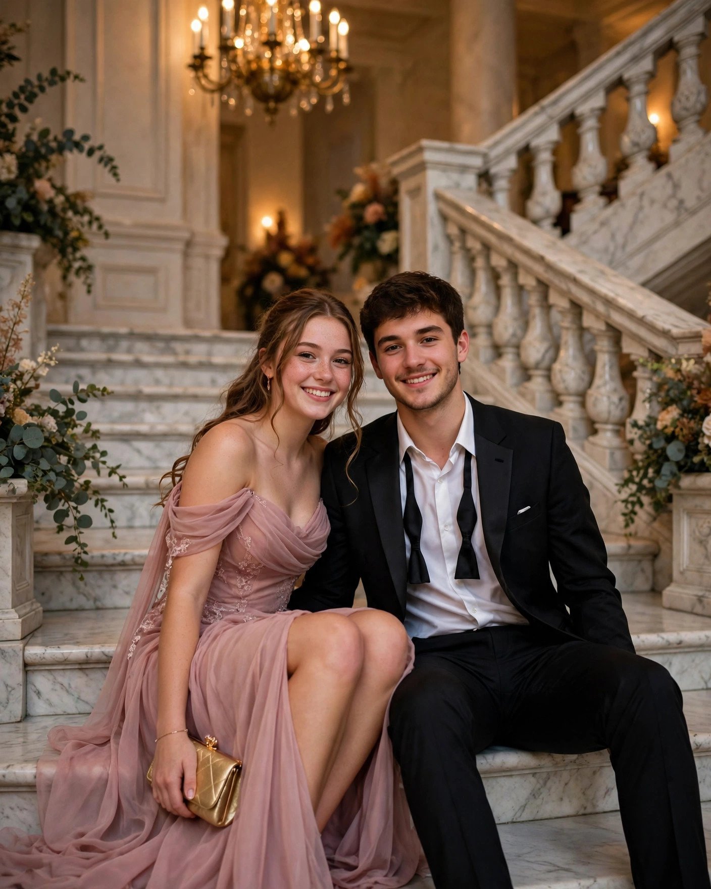 Prom couple sitting side by side on a grand staircase