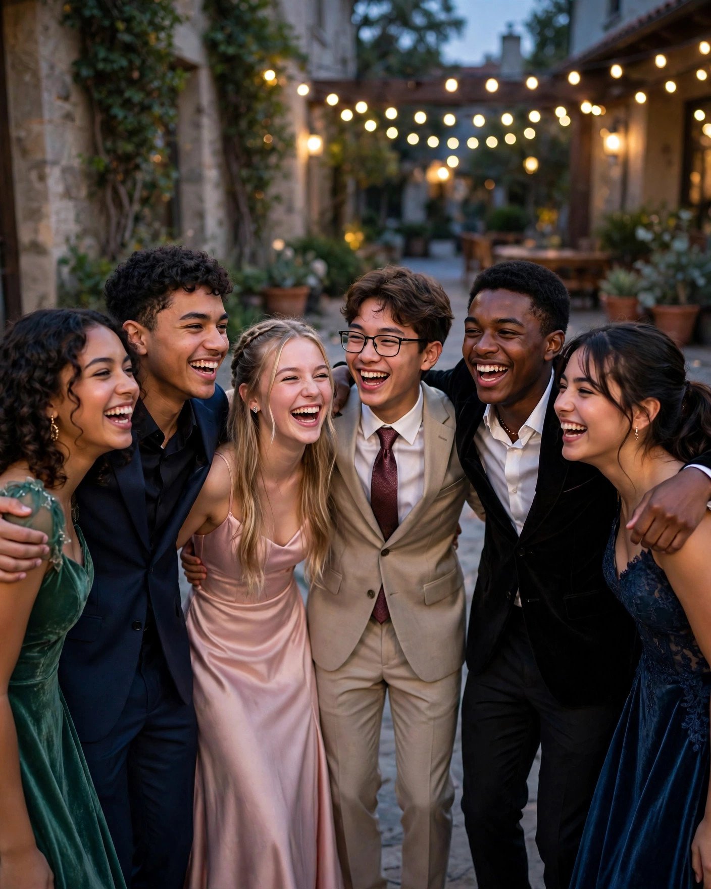 Group of friends laughing together at prom in formal wear