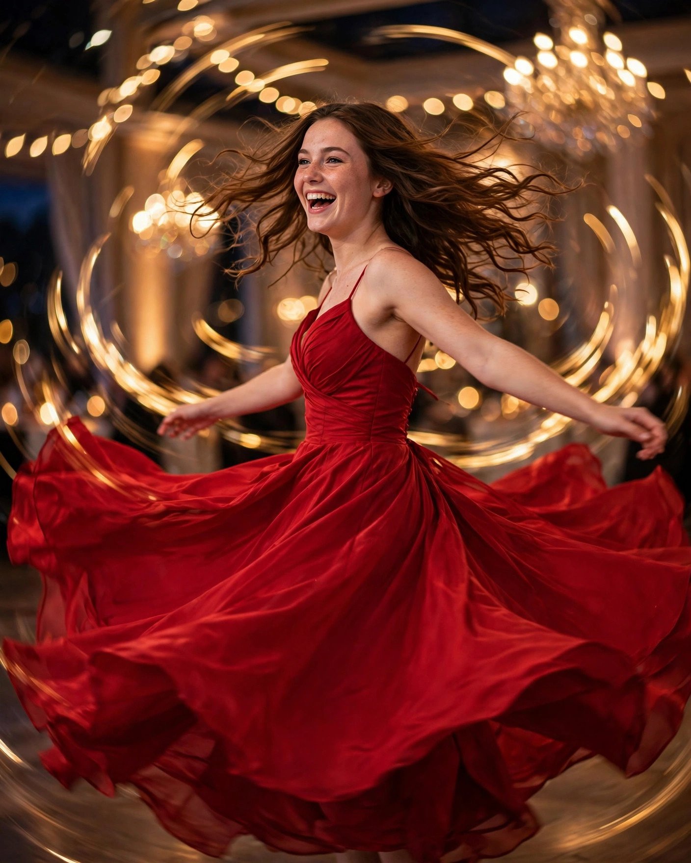 Girl in red gown spinning with skirt flaring at prom