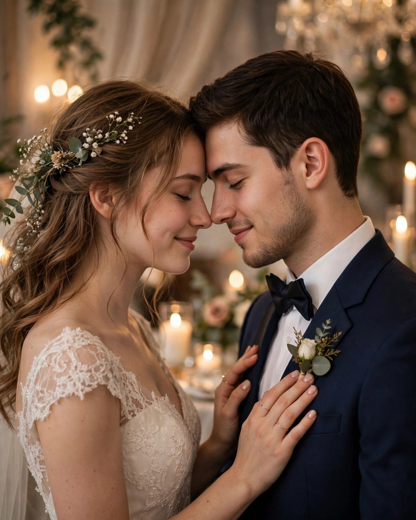 Prom couple with foreheads touching eyes closed