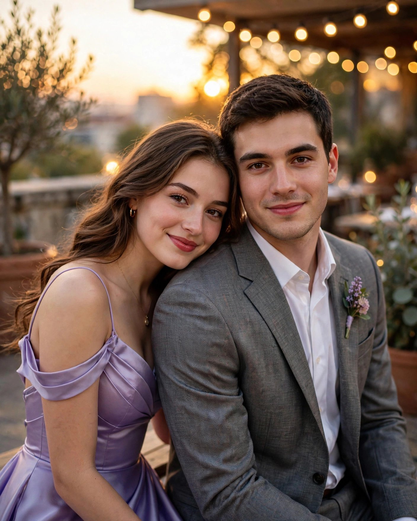 Girl leaning her head on her prom date's shoulder at sunset