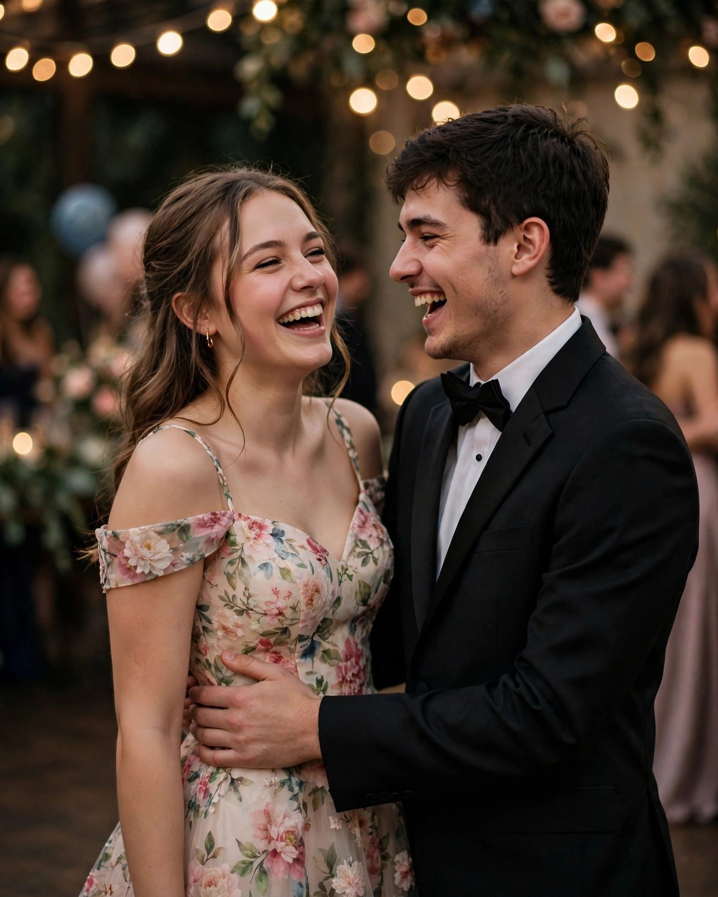 Prom couple caught mid-laughter in a candid photo
