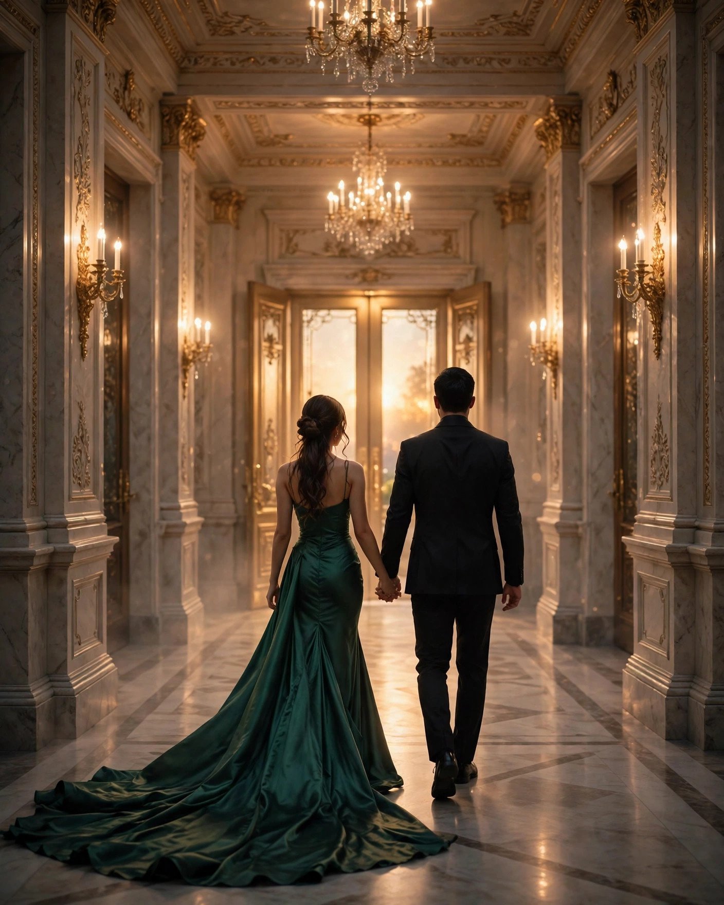 Prom couple walking away hand in hand down a grand hallway
