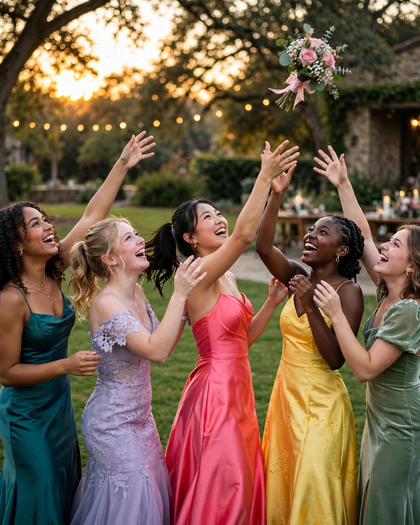 Group of girls tossing a bouquet into the air at prom
