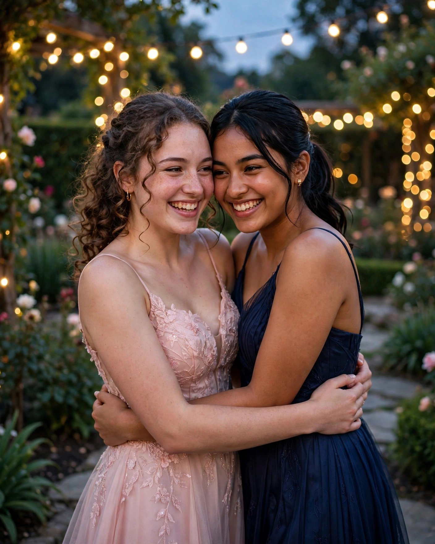 Two best friends sharing a side hug at prom