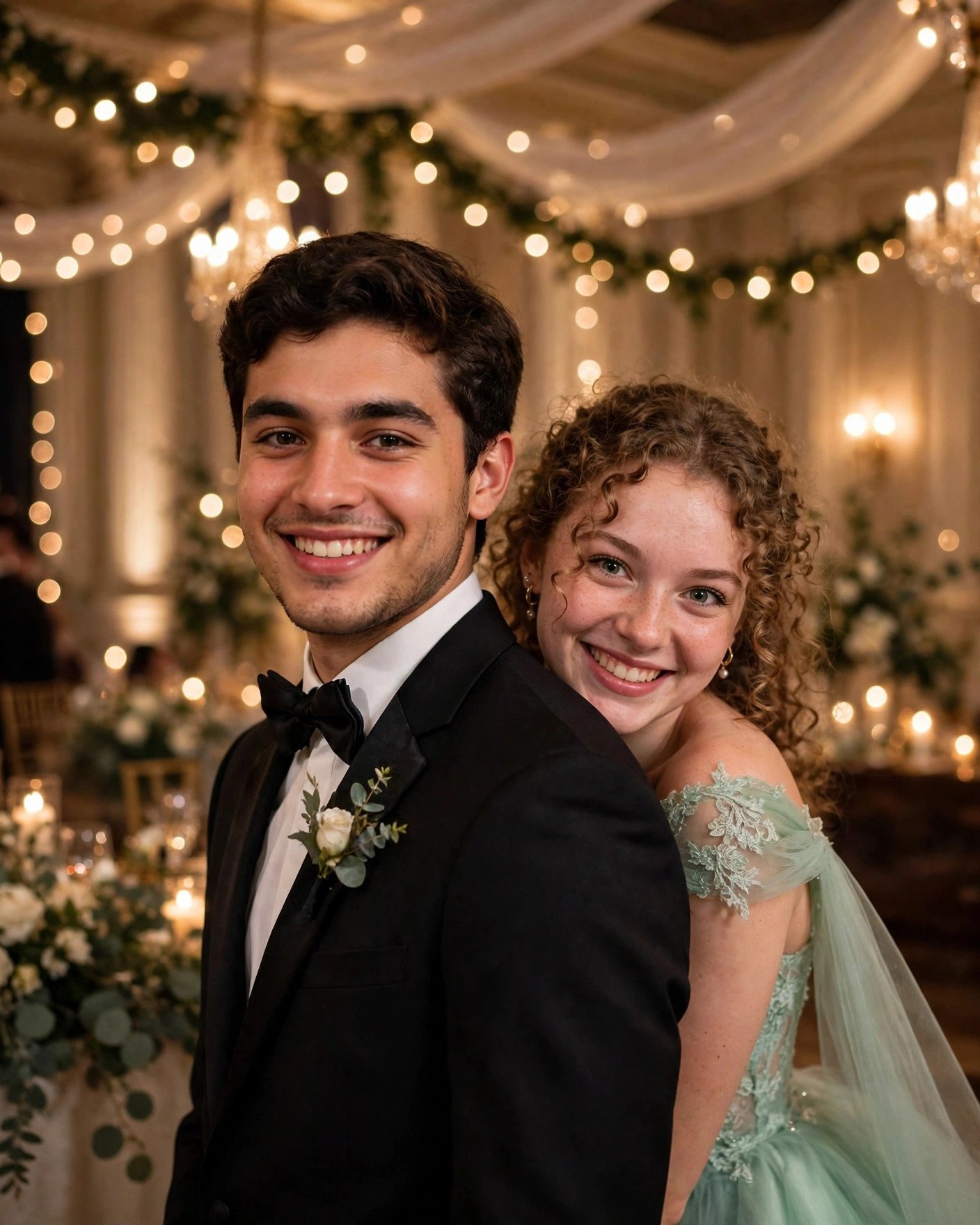 Girl peeking playfully from behind her prom date's shoulder