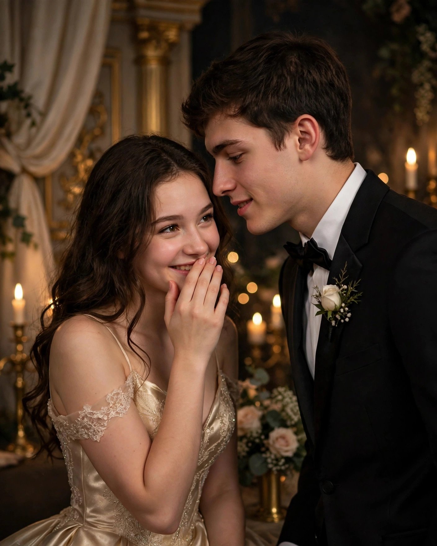 Prom date whispering into his partner's ear