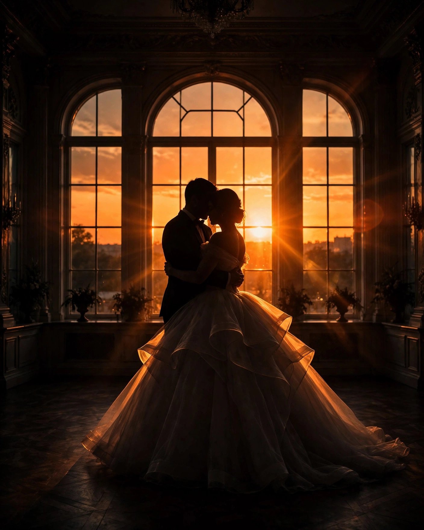 Prom couple silhouette against a glowing sunset window
