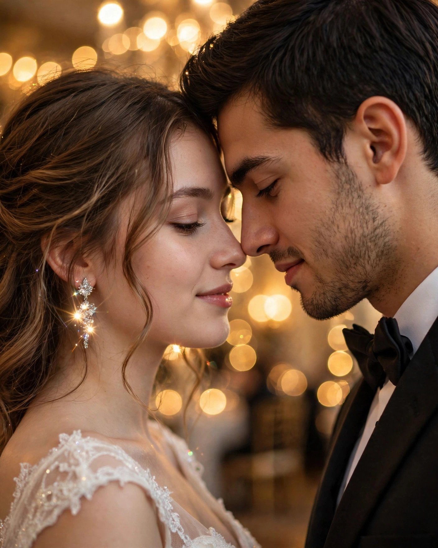 Close-up portrait of prom couple with soft bokeh lights
