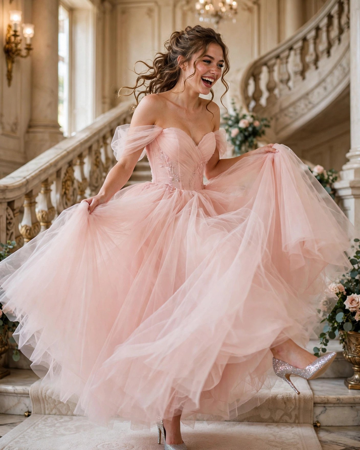 Girl lifting her tulle prom gown to show glittery heels
