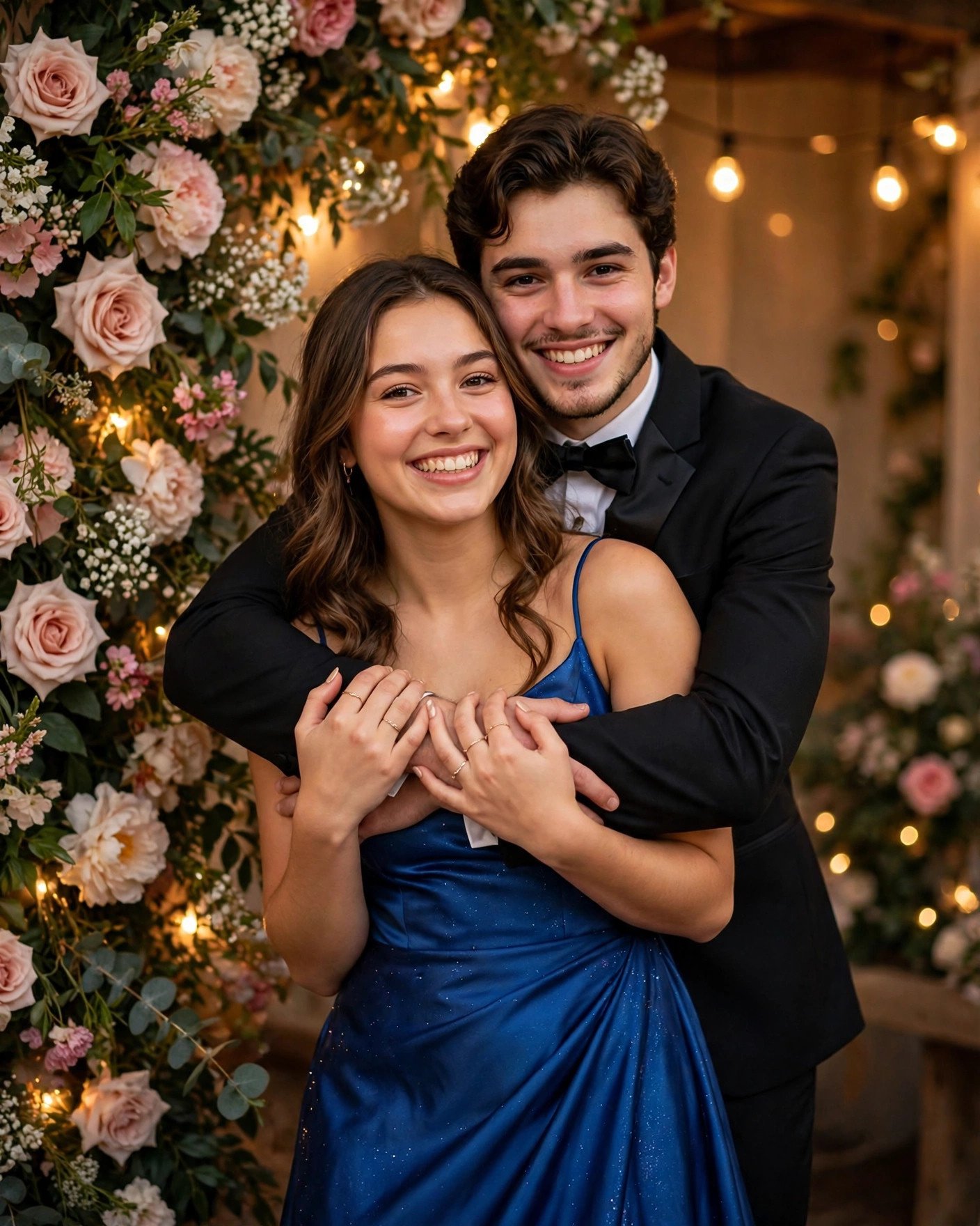 Prom date hugging his partner from behind in front of a flower wall