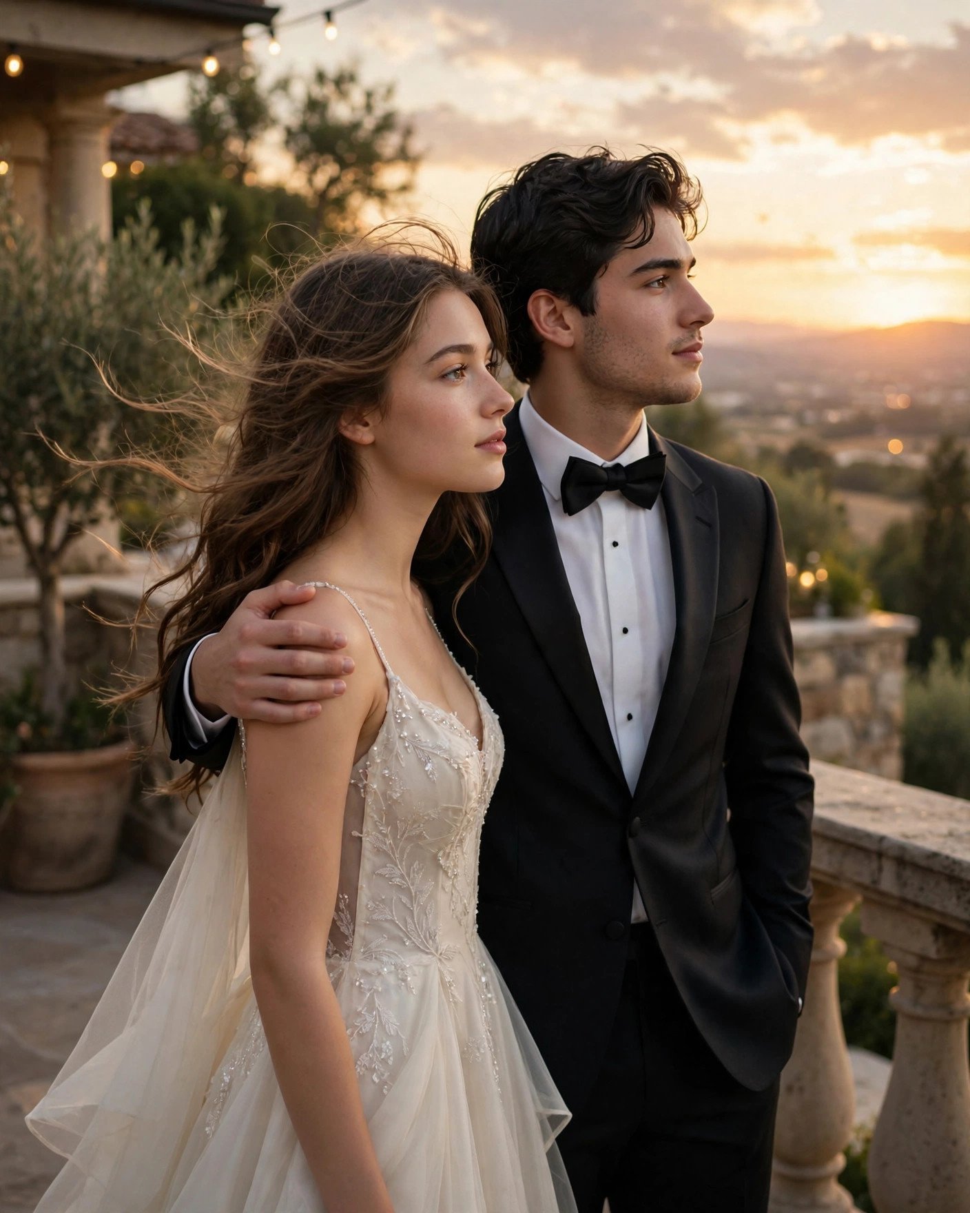 Prom couple gazing into the distance at sunset