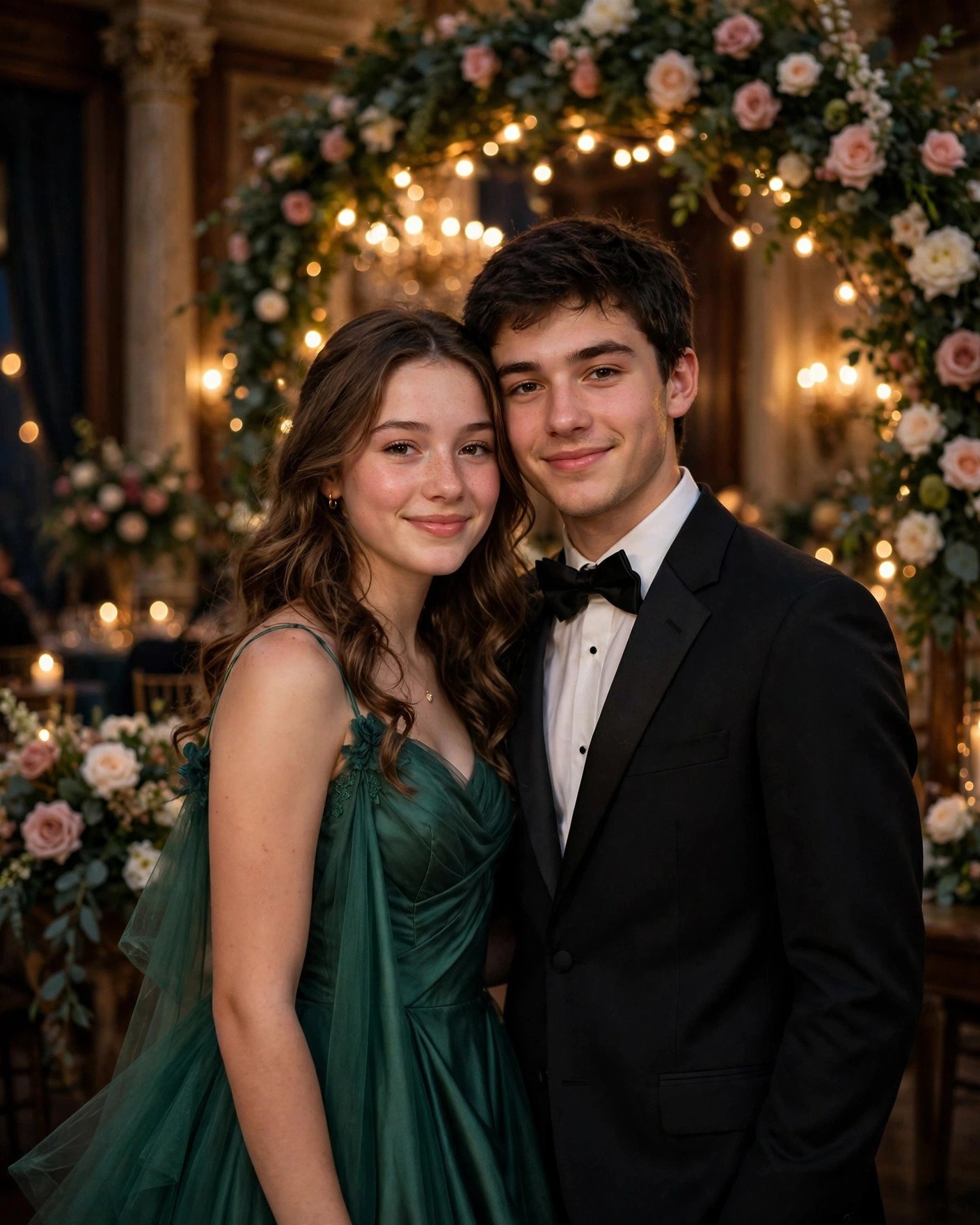 Prom couple posing together in a grand ballroom with sparkling lights