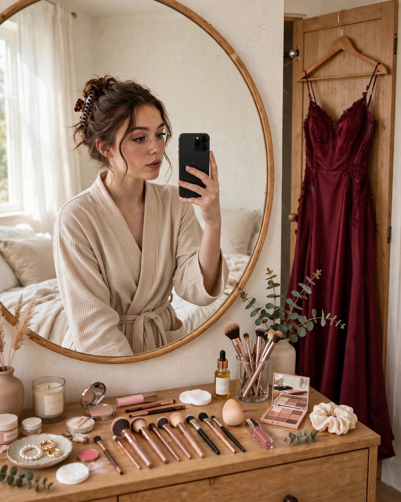 Girl testing prom makeup with a mirror selfie before prom
