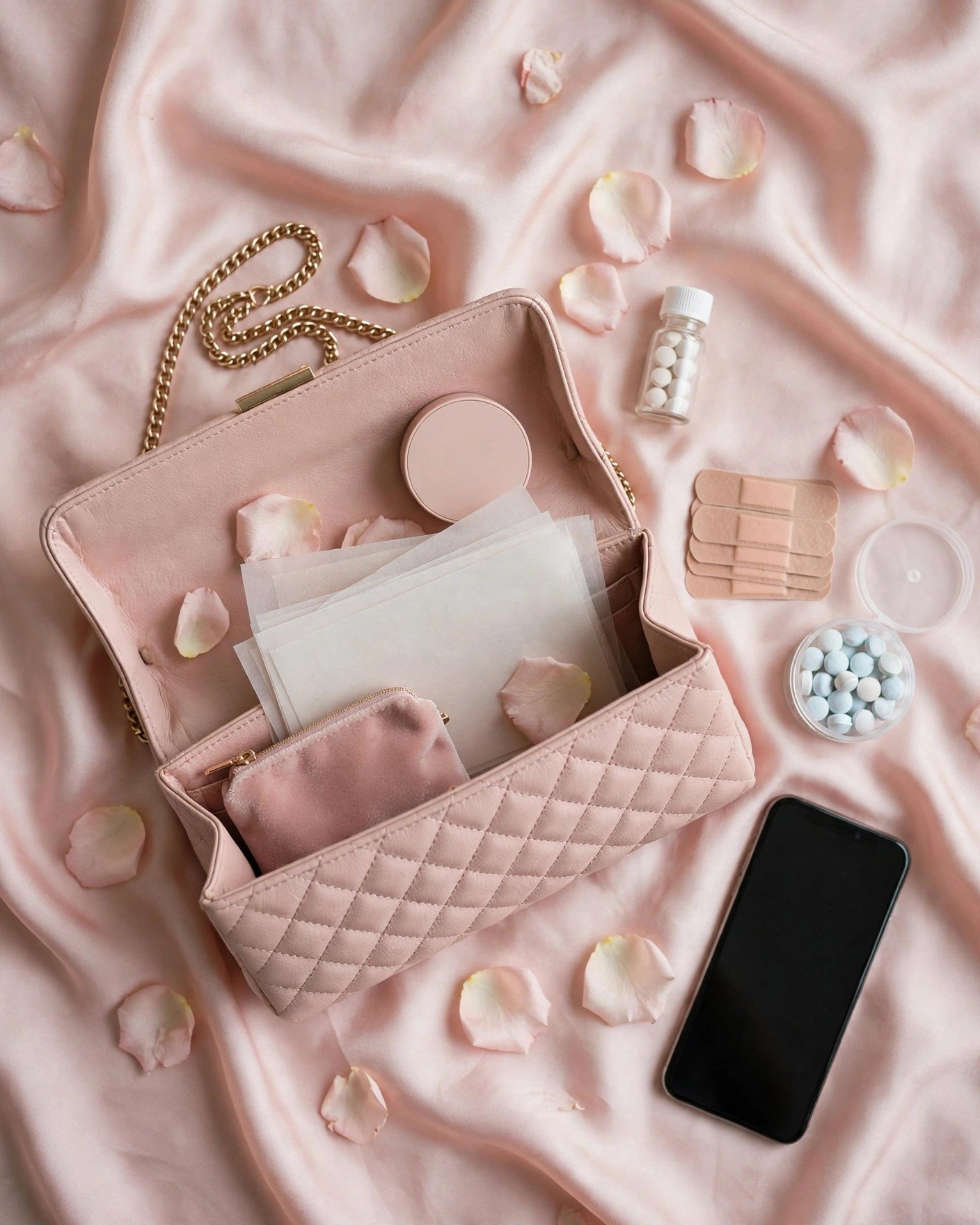 Elegant prom clutch with emergency essentials flat lay
