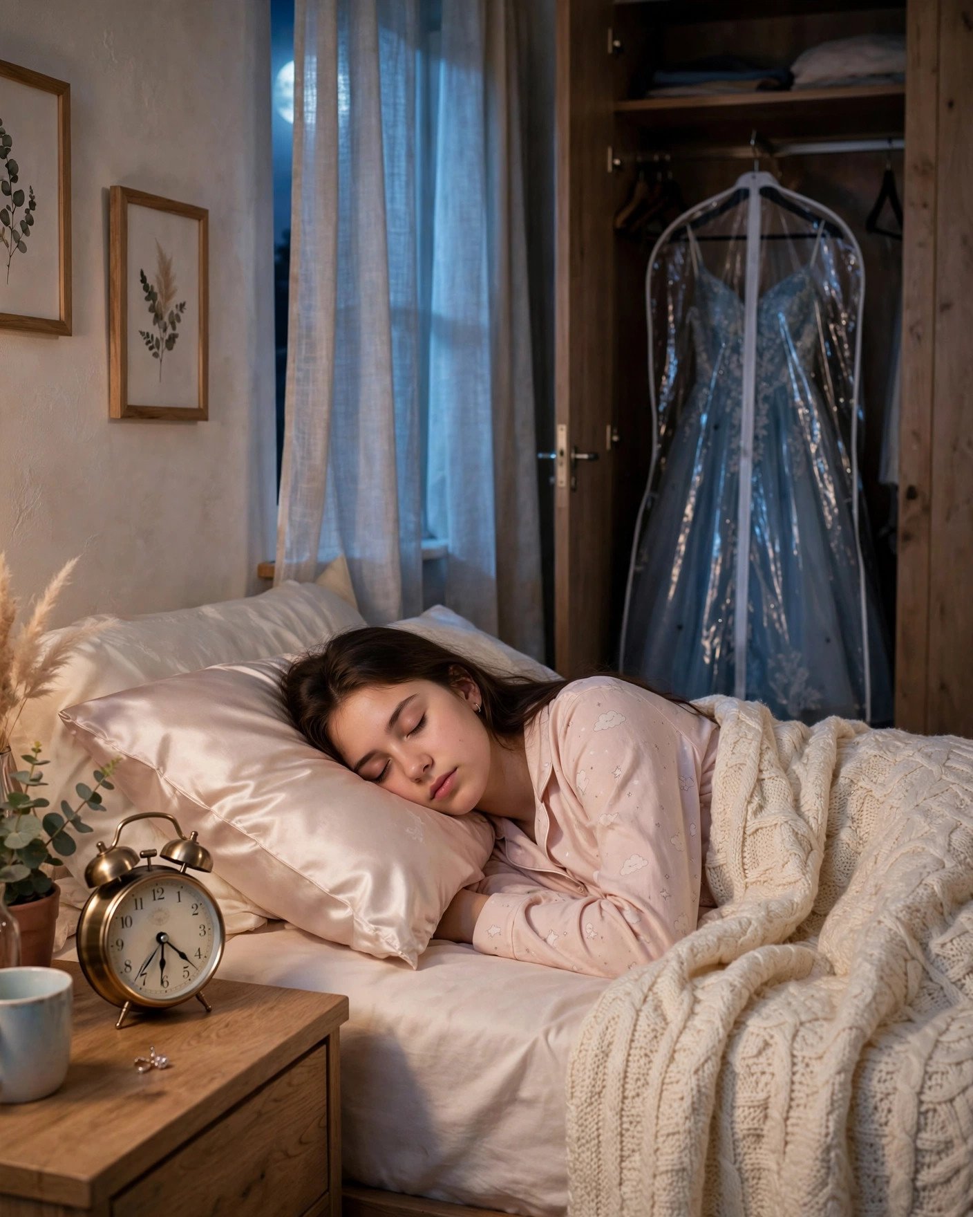 Peaceful night-before-prom bedroom scene with dress ready