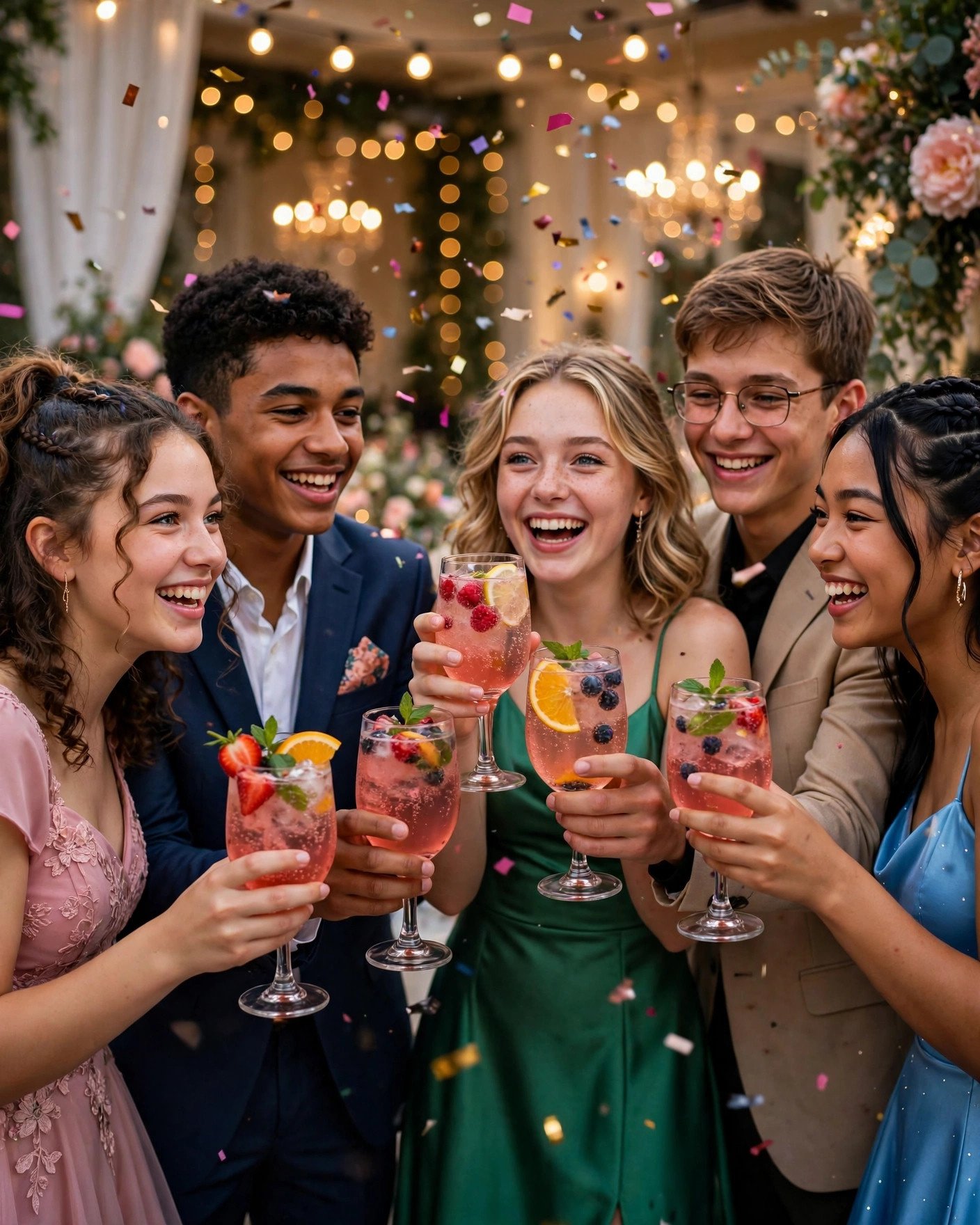 Friends toasting with sparkling mocktails at prom