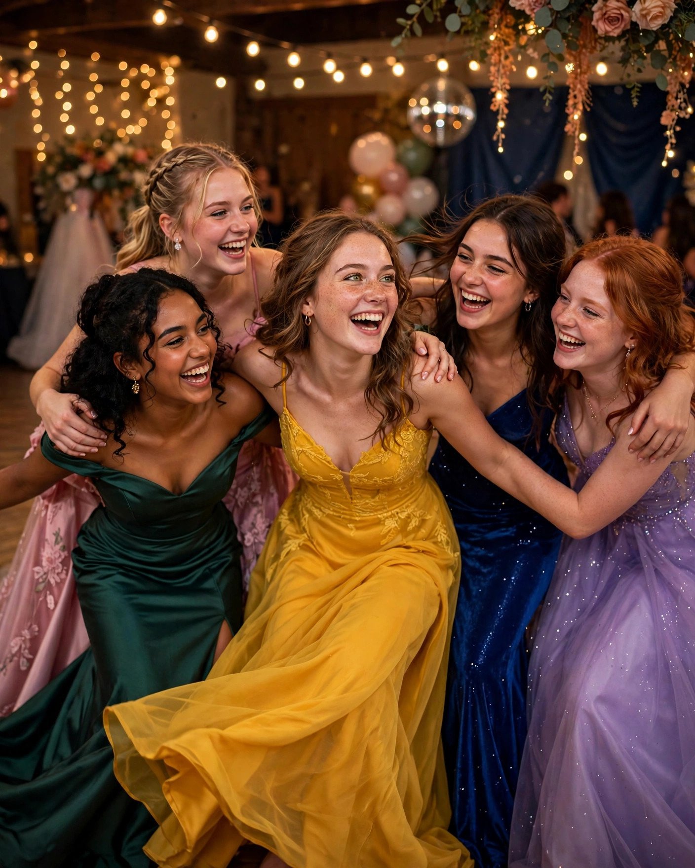 Girl laughing with her group of friends on the prom dance floor