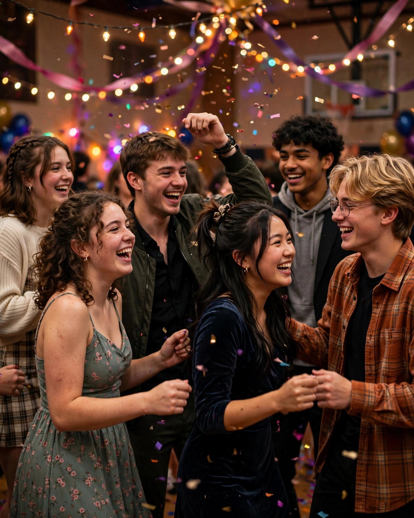 Friends dancing naturally and laughing at a real prom
