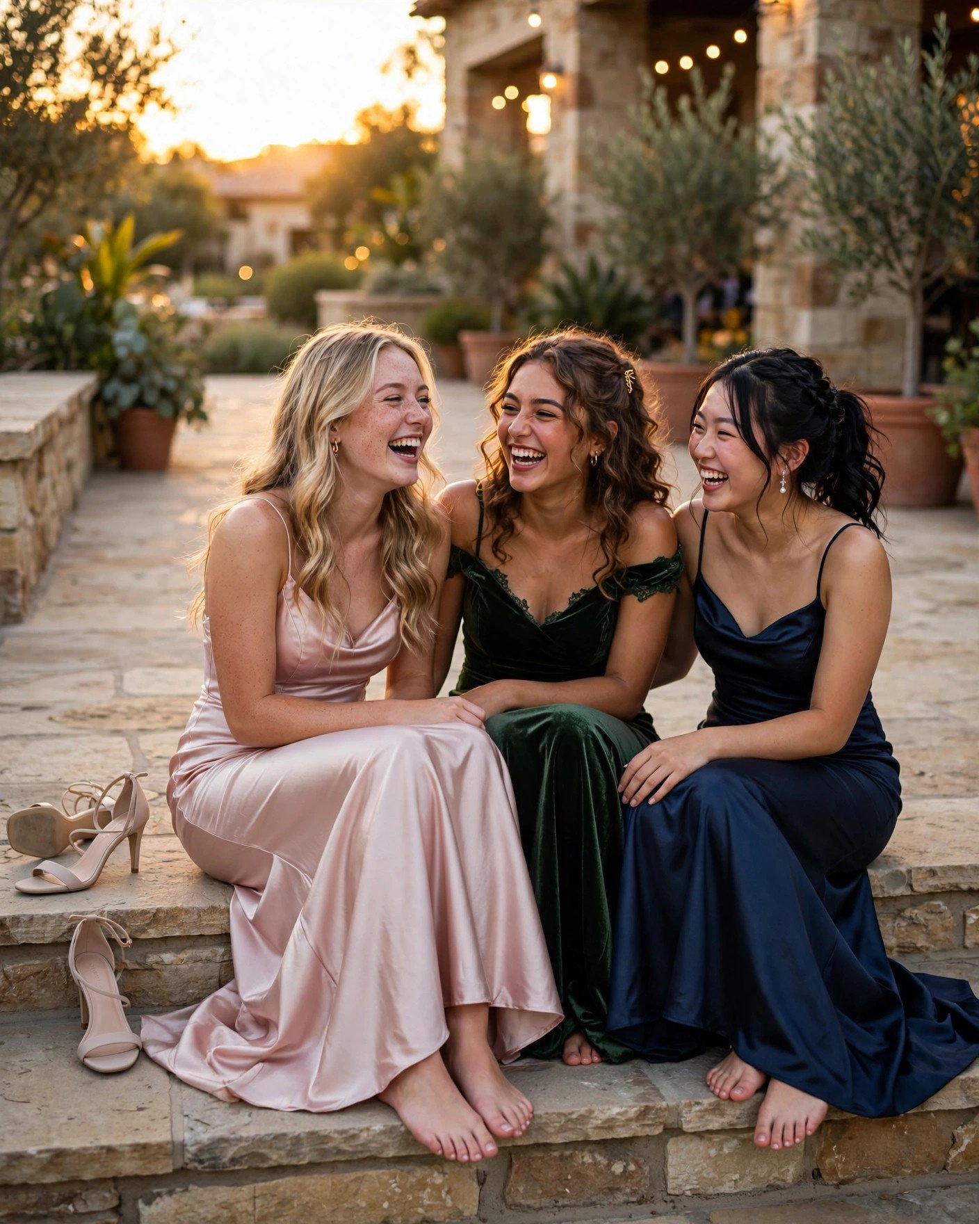 Relaxed happy girl laughing with friends at prom at sunset