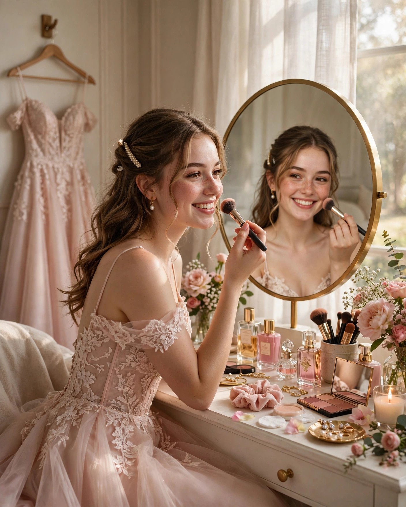 Girl in prom gown doing her makeup at a vanity before prom