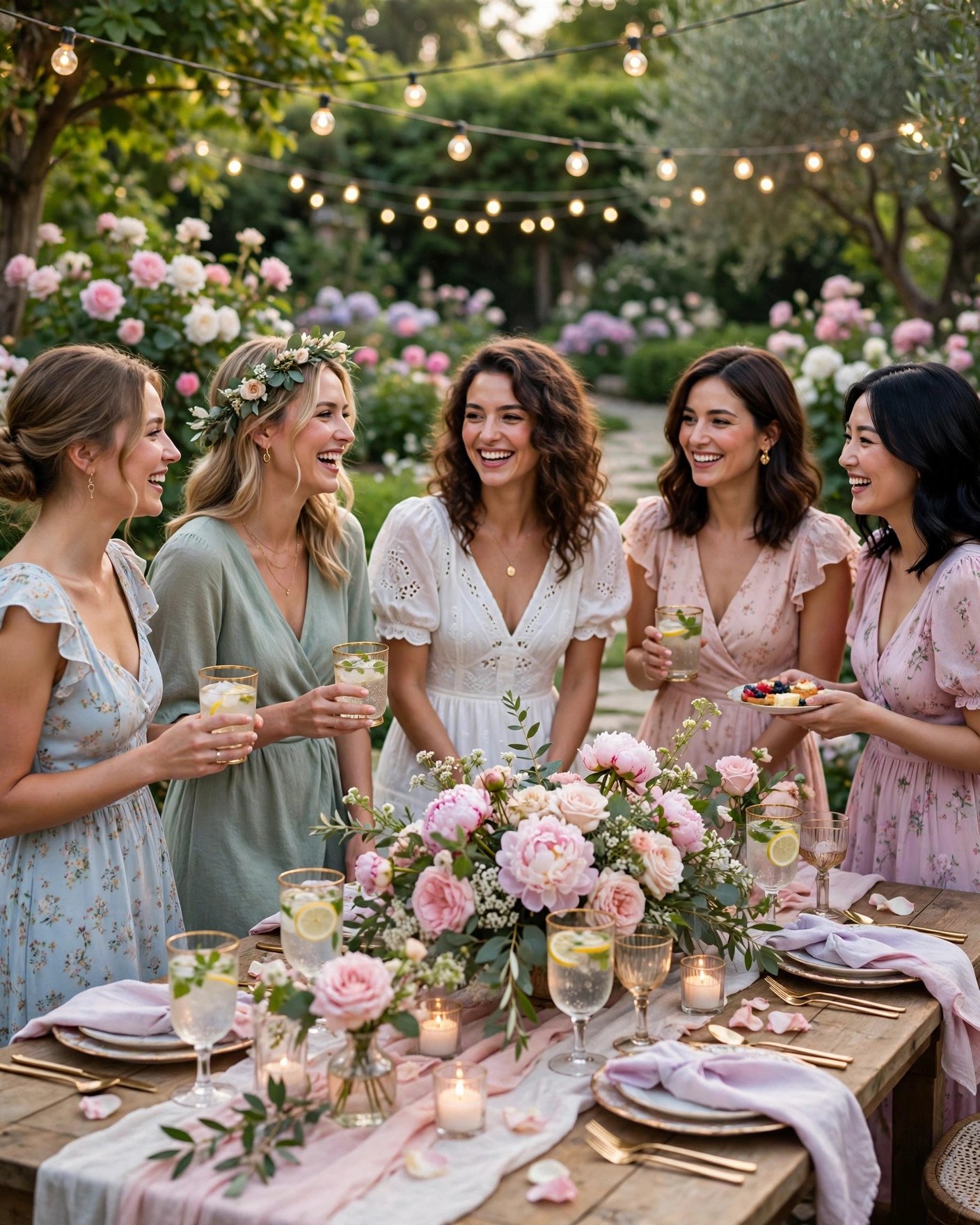 Elegant garden party bridal shower table with flowers and string lights