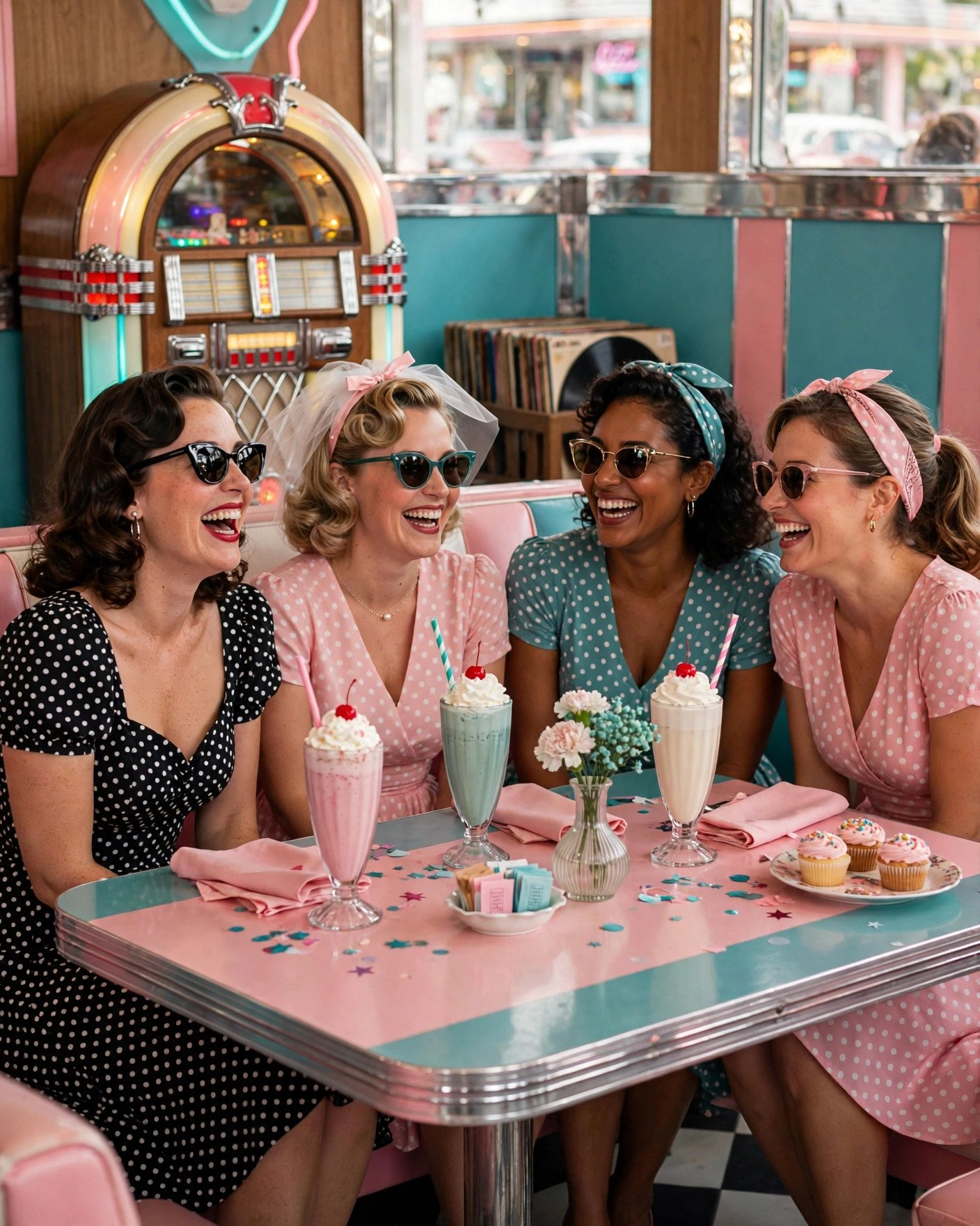 Retro 1950s diner themed bridal shower with milkshakes