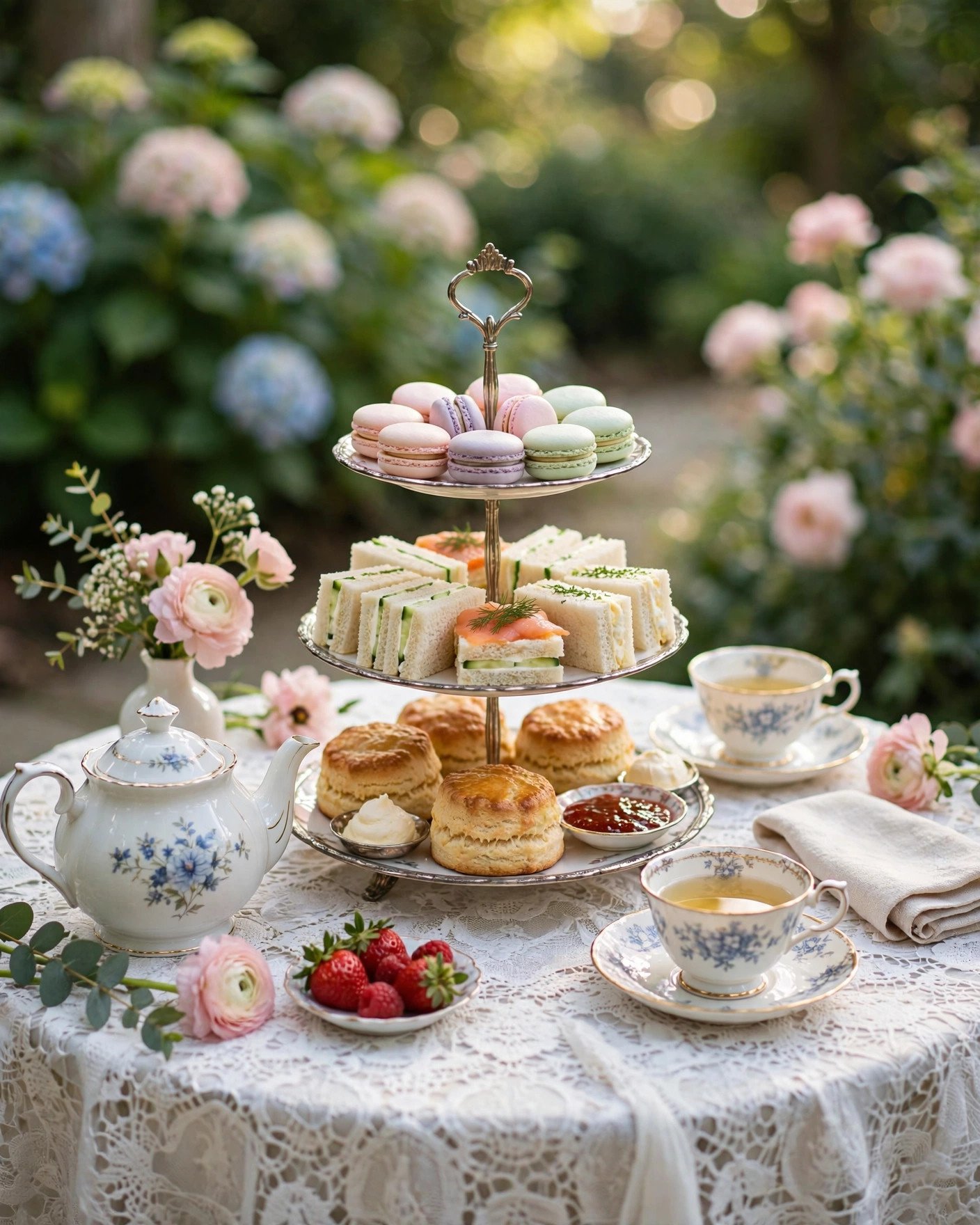 Elegant afternoon tea party bridal shower with tiered stands