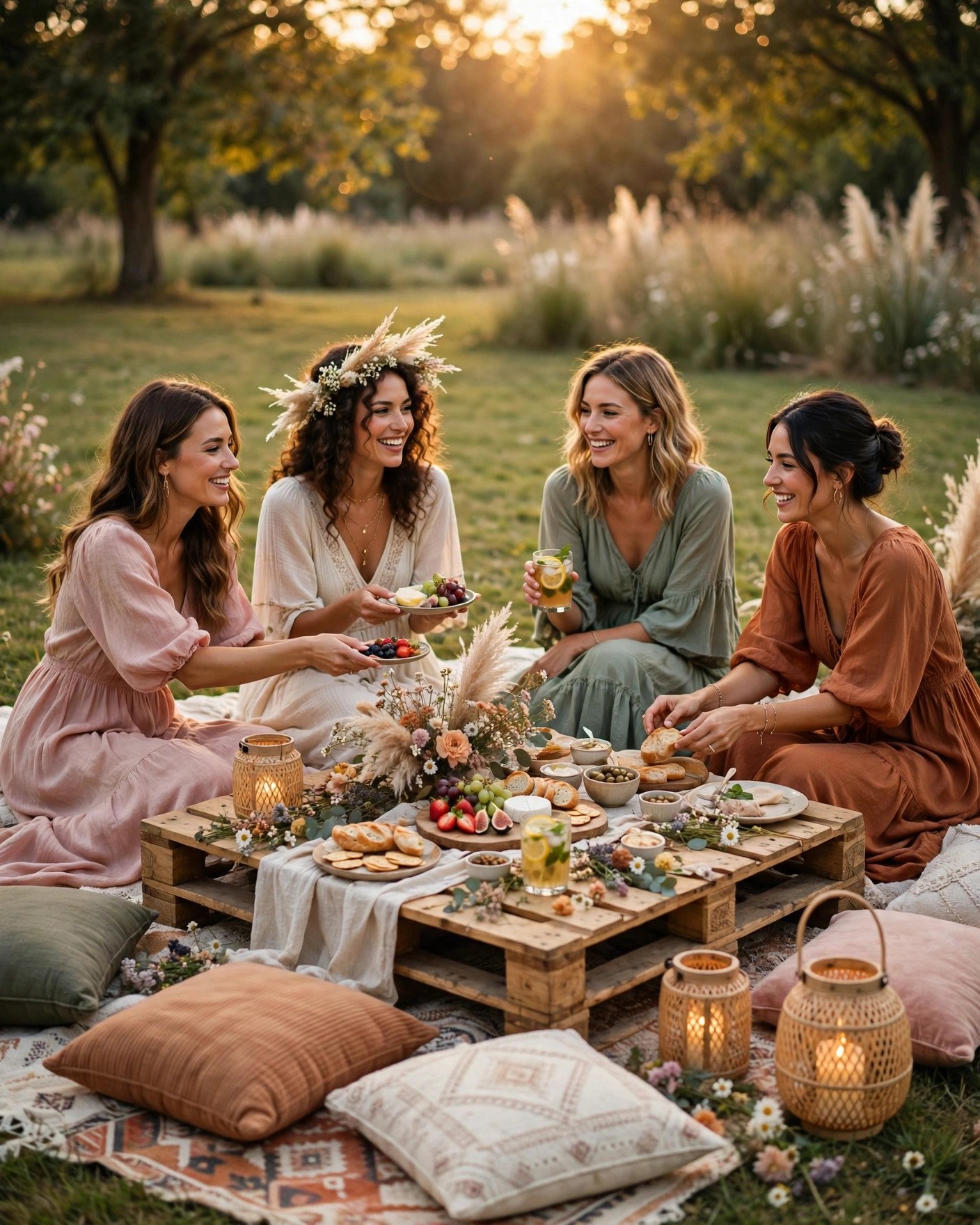 Boho picnic bridal shower with floor cushions and pampas grass