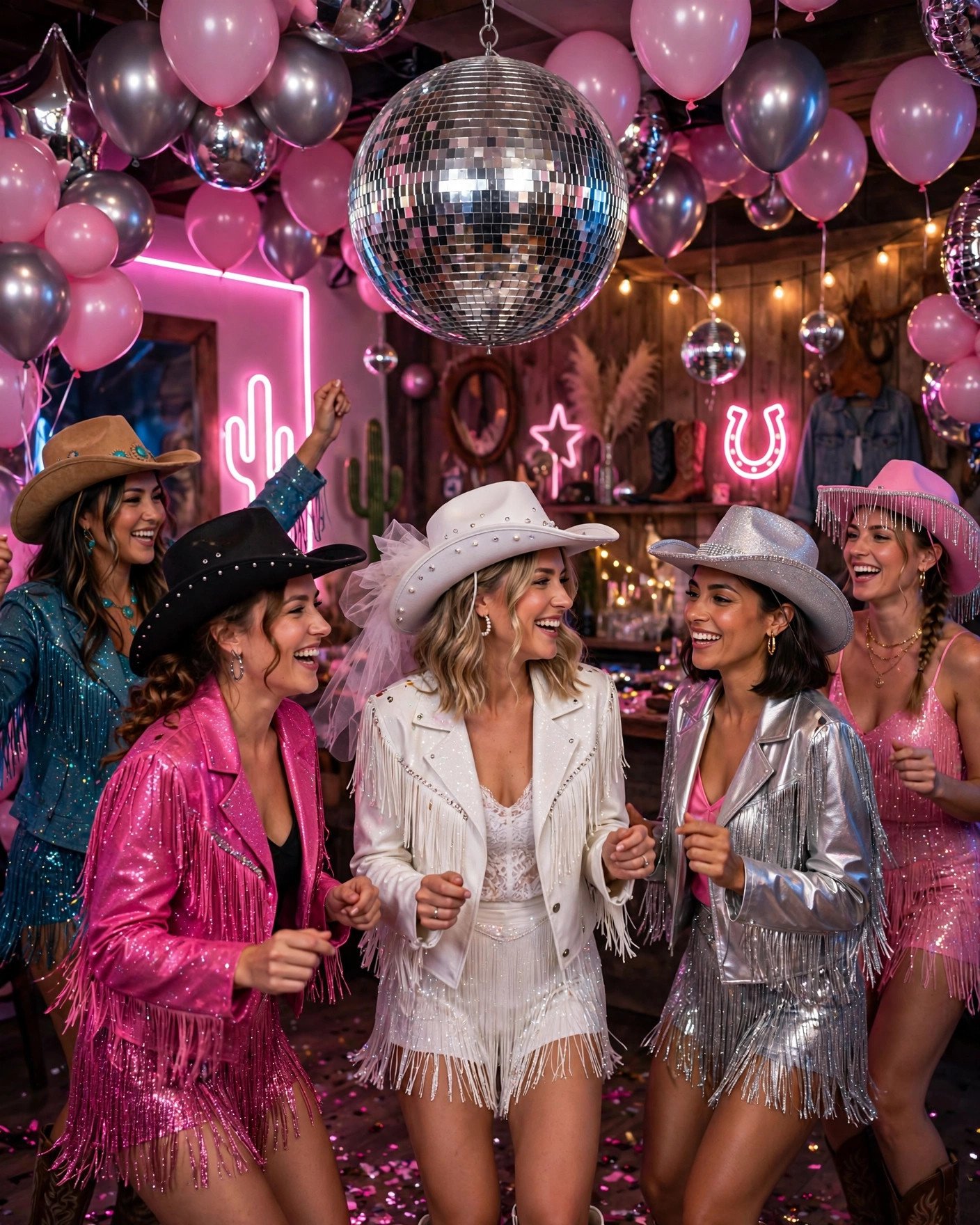 Disco cowgirl bridal shower with cowboy hats and disco ball