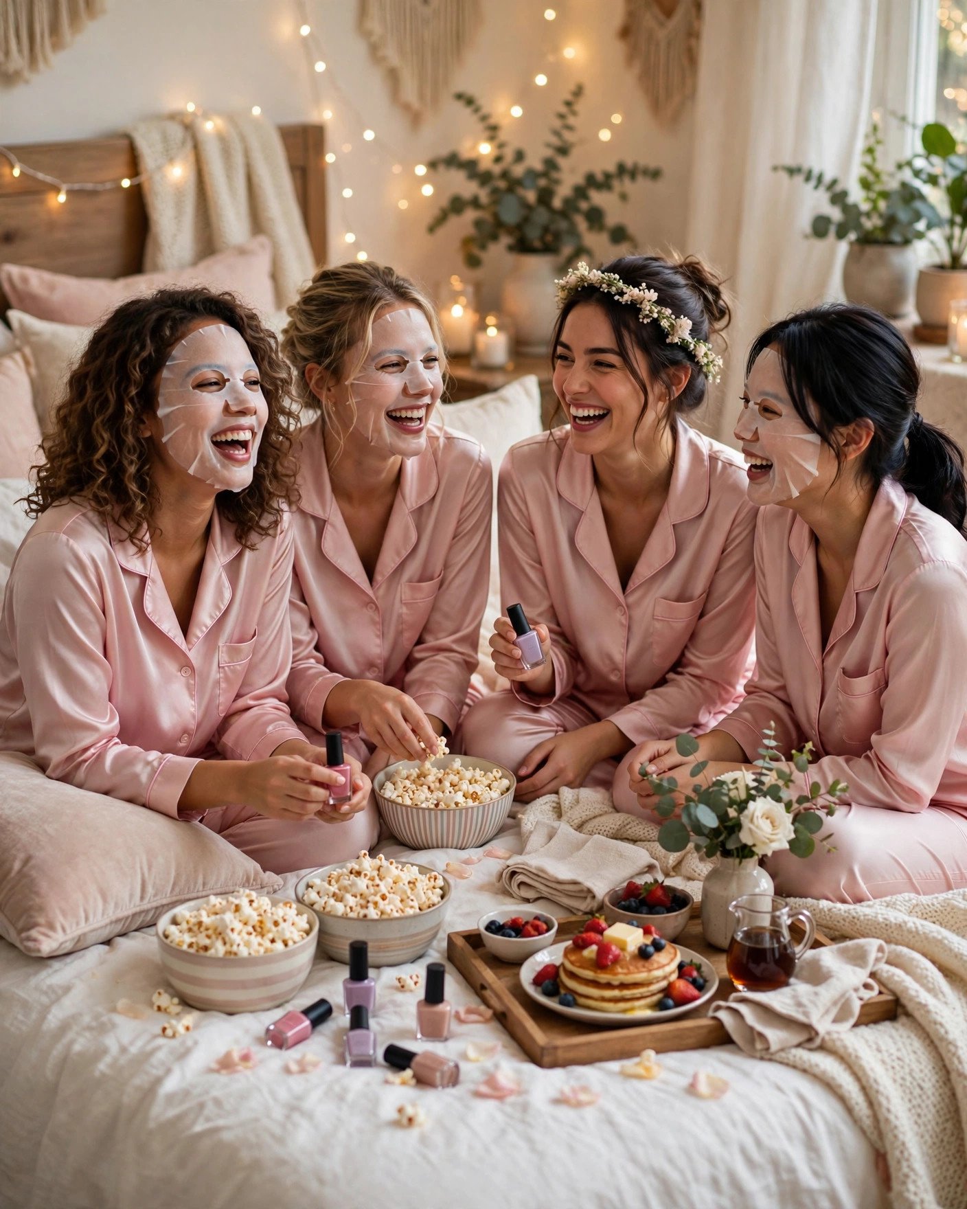 Pajama party bridal shower with matching satin pajamas