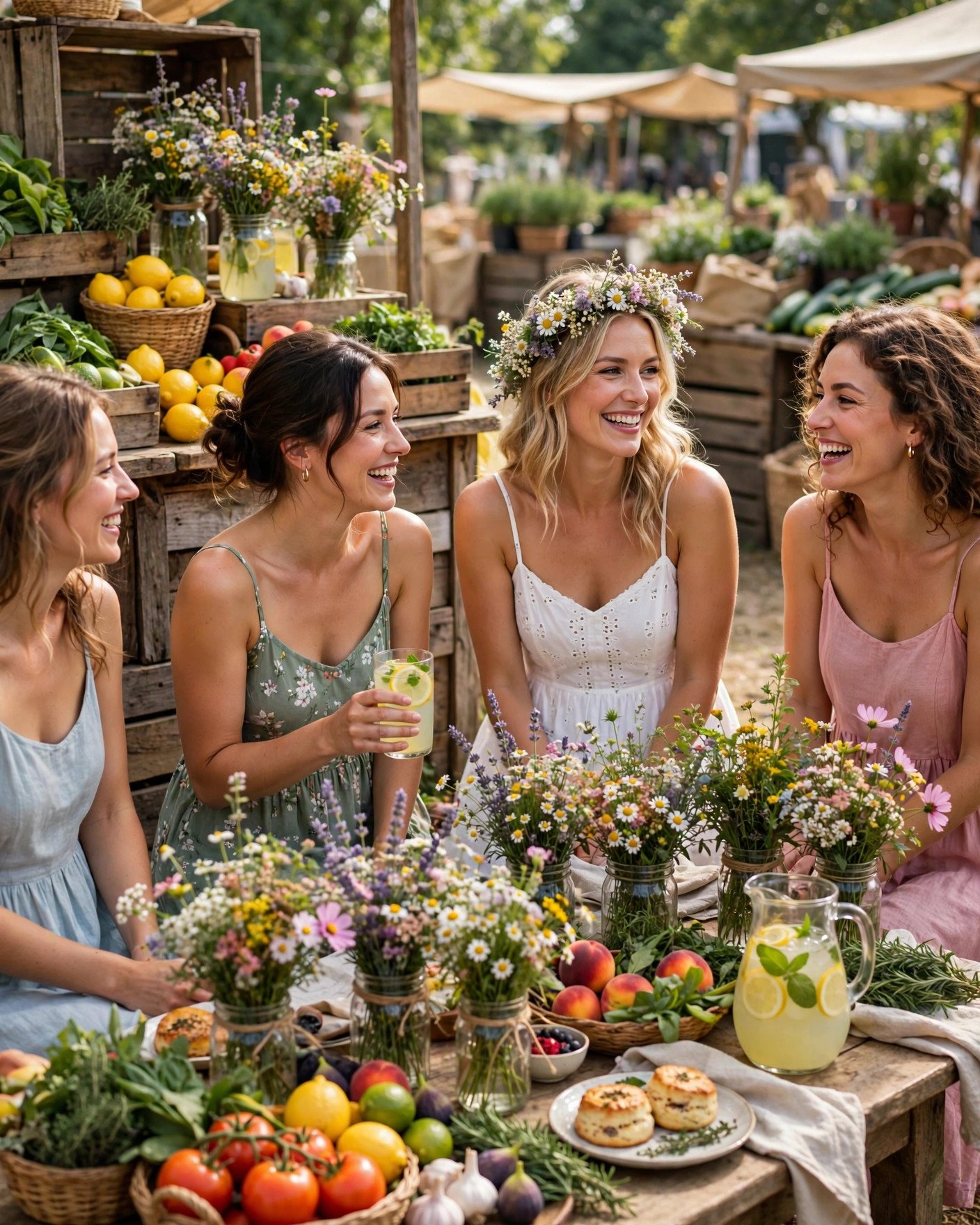 Farmers market fresh bridal shower with produce and wildflowers